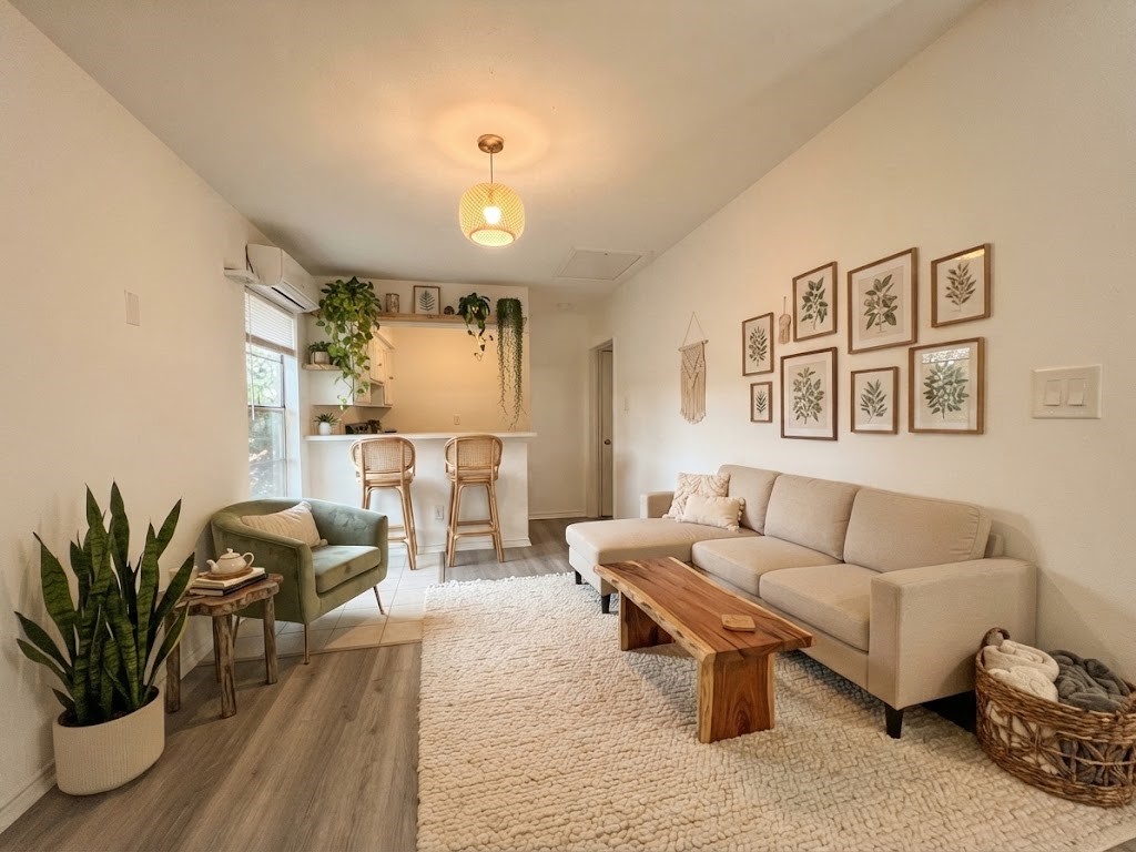 digital staged living room in garage apartment