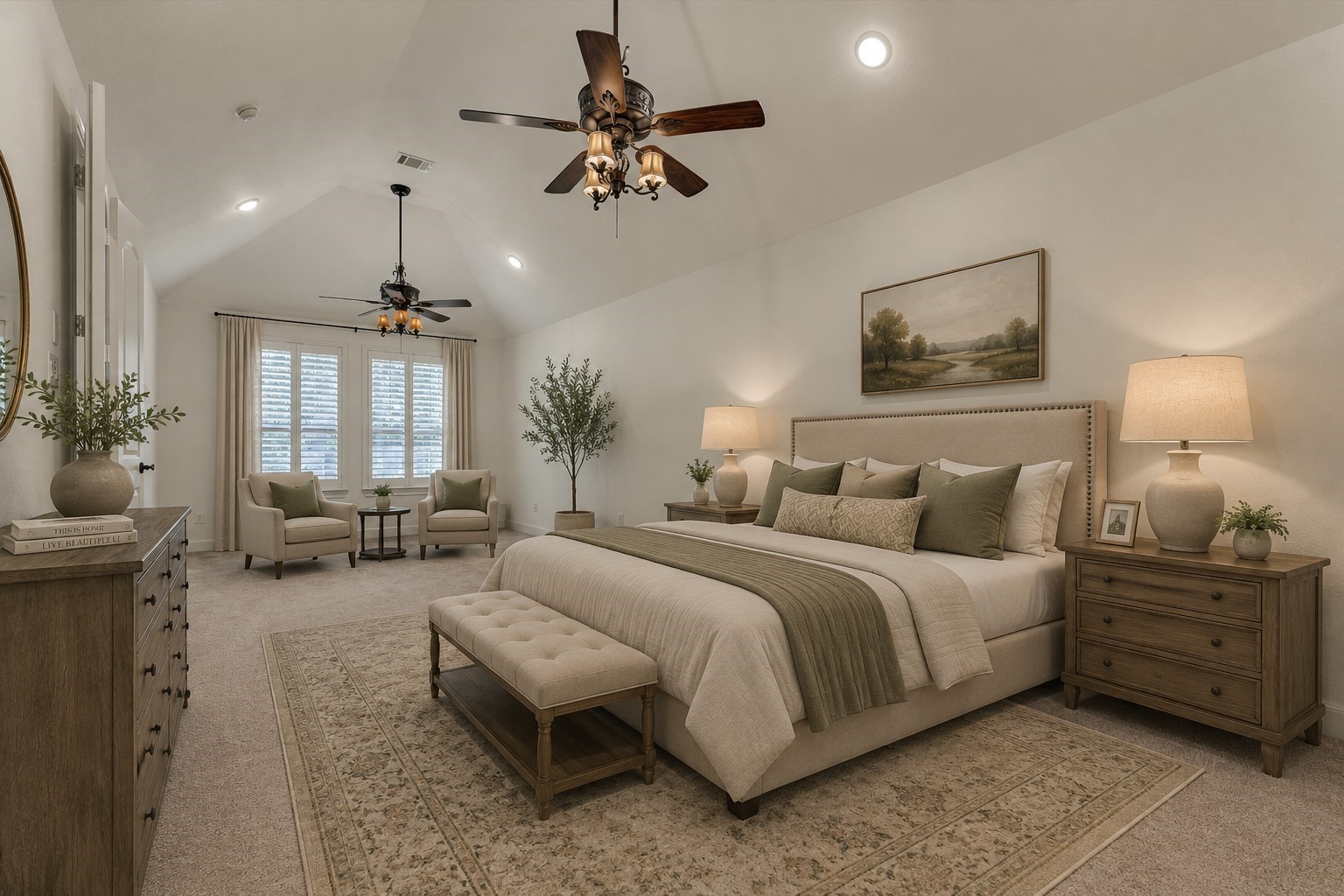 *This photo has been virtually staged* Secluded owner's retreat boasts superb space, a high ceiling, and windows overlooking the private backyard retreat!