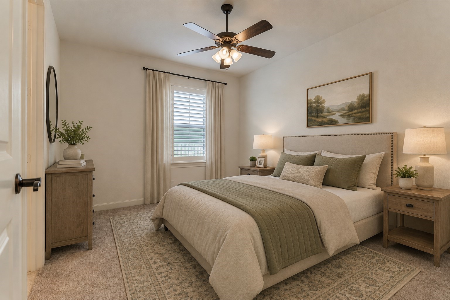 *This photo is virtually staged* Secondary bedroom #2 is spacious with plush carpeting, ceiling fan, and closet.