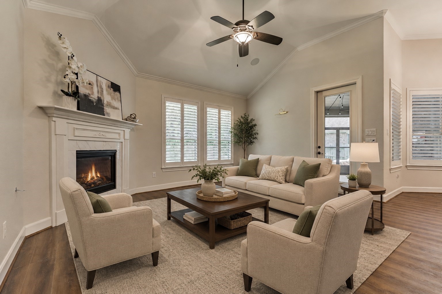 *This photo has been virtually staged* The den is an inviting room to gather with family. Note: the plantation shutters and 5-speaker surround system.