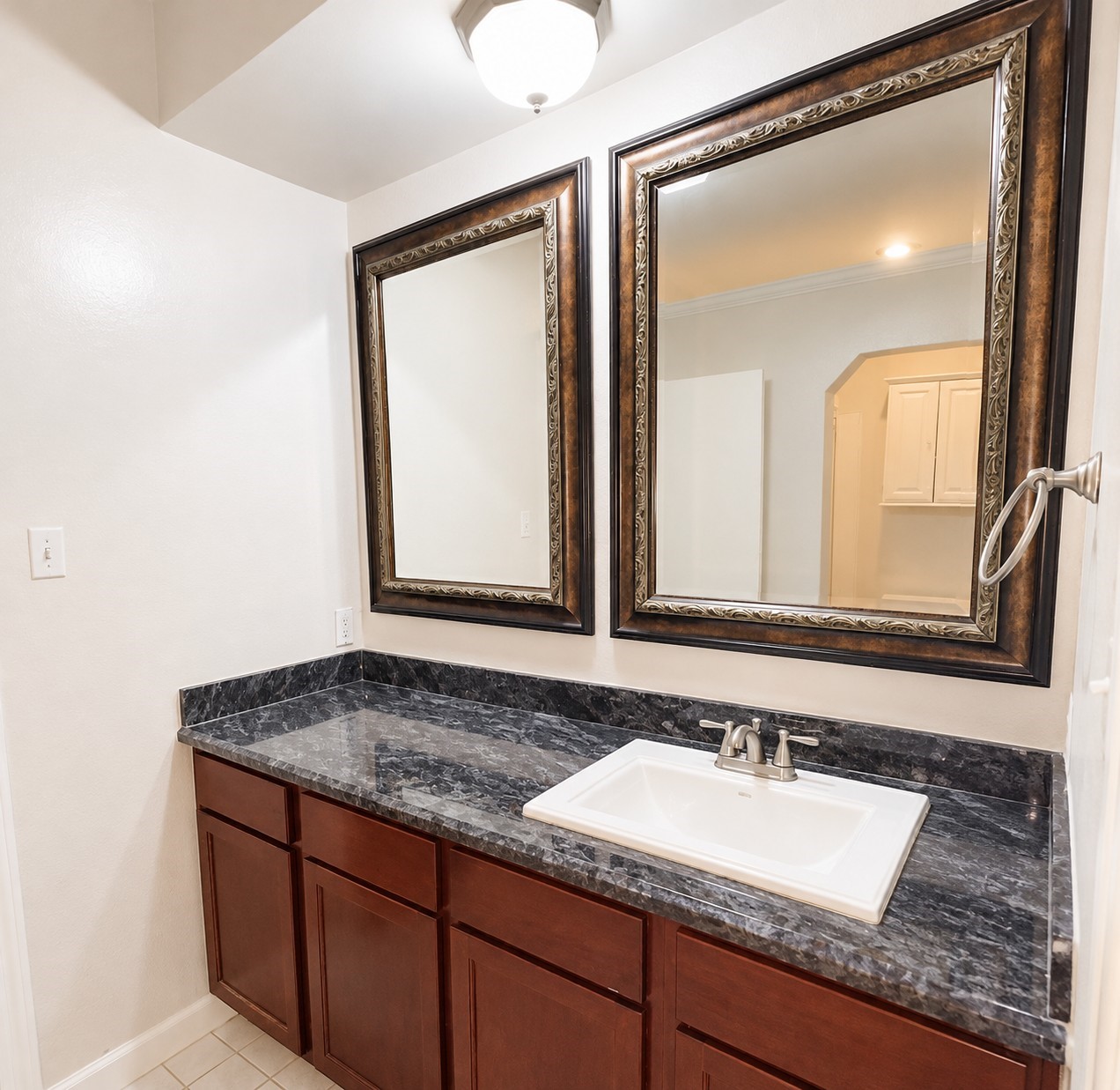The bathroom features a spacious vanity countertop, rich wood cabinetry, and decorative framed mirrors, combining a classic look with practical counter space for everyday essentials.