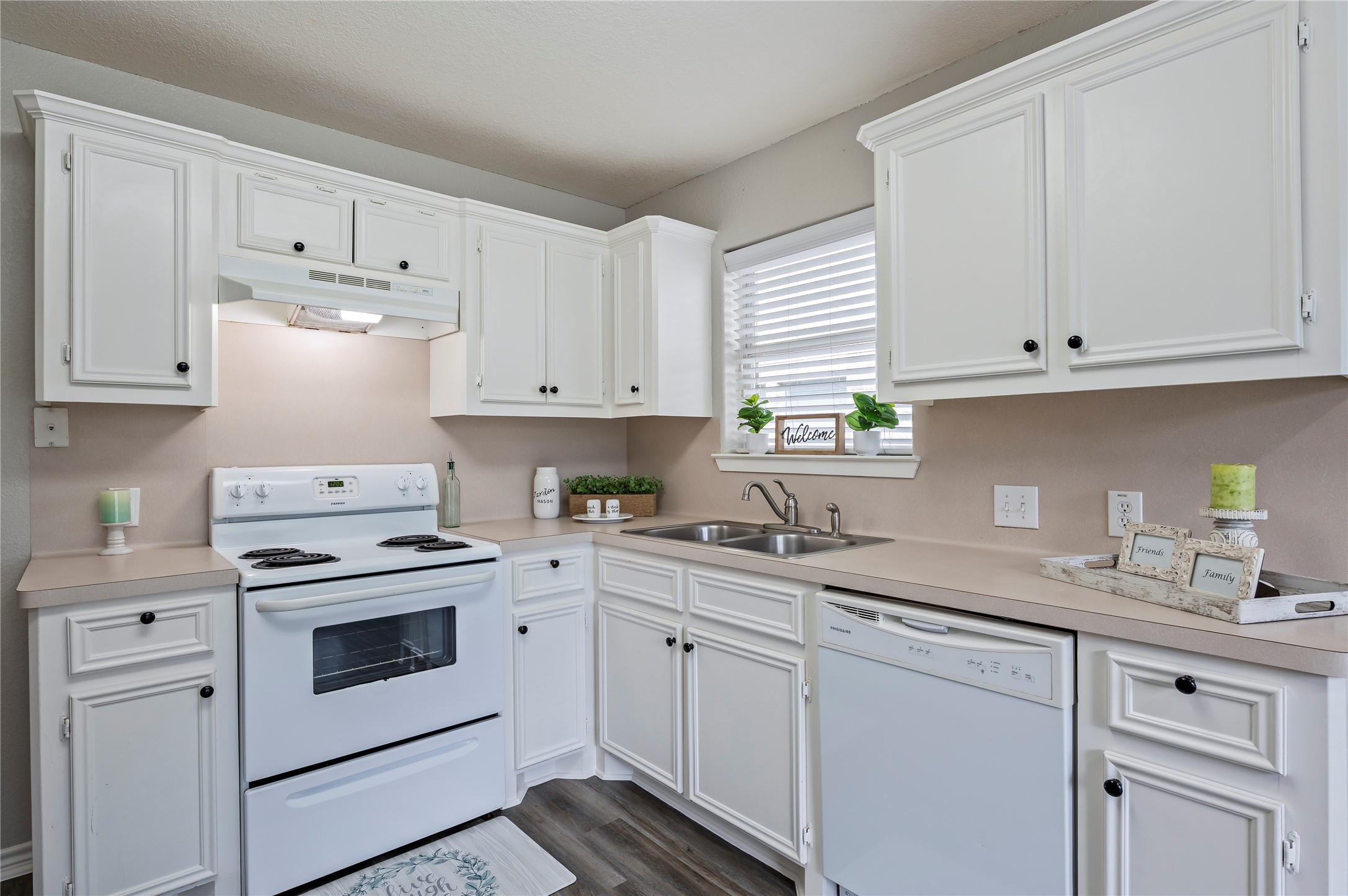 Ample counter top space including stainless steel double sink.