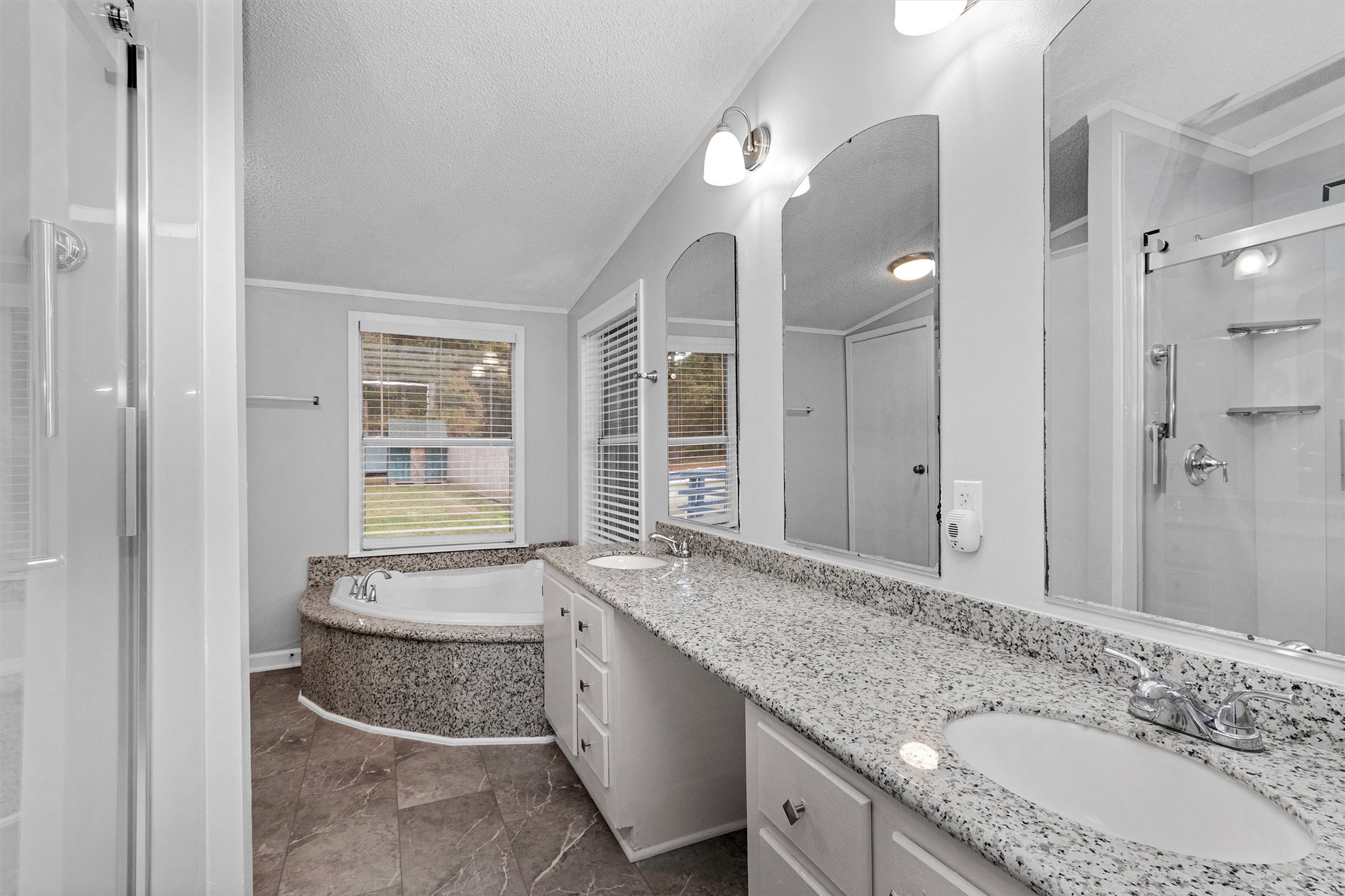 Double sinks, accent mirrors, Brand new shower