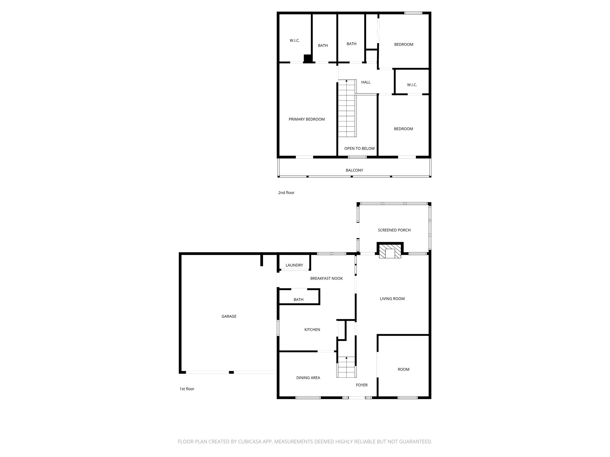 This floor plan features a two-story home with a spacious living area. The first floor includes a garage, kitchen with breakfast nook, dining area, living room, a room, bathroom, and screened porch. Upstairs, there are three bedrooms, two bathrooms, a walk-in closet, and a balcony. The primary bedroom has an en-suite bath and walk-in closet.