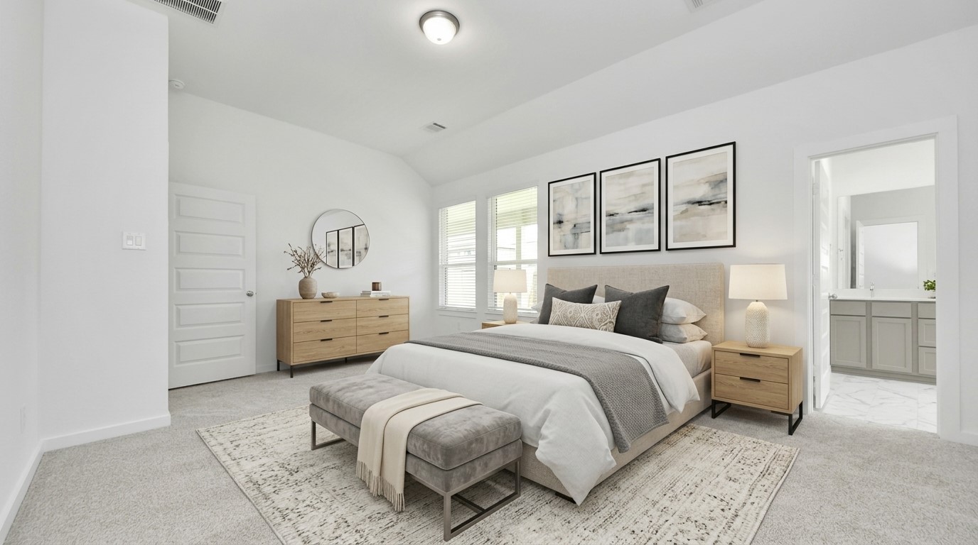 Virtually Staged - Primary Bedroom. Sample photo of completed home with similar floor plan. Actual colors and selections may vary.