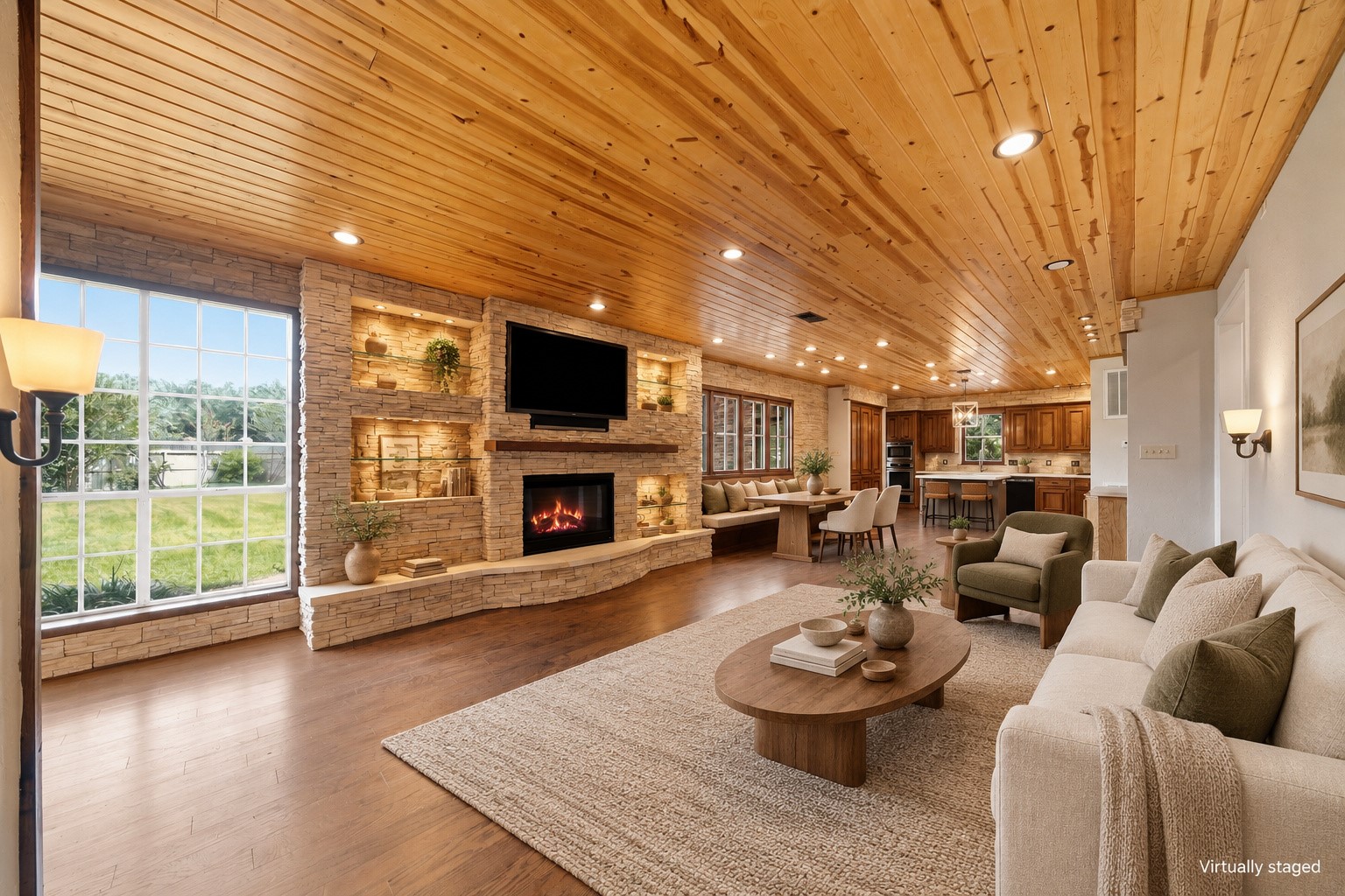 Virtually staged to show the living, dining and kitchen.