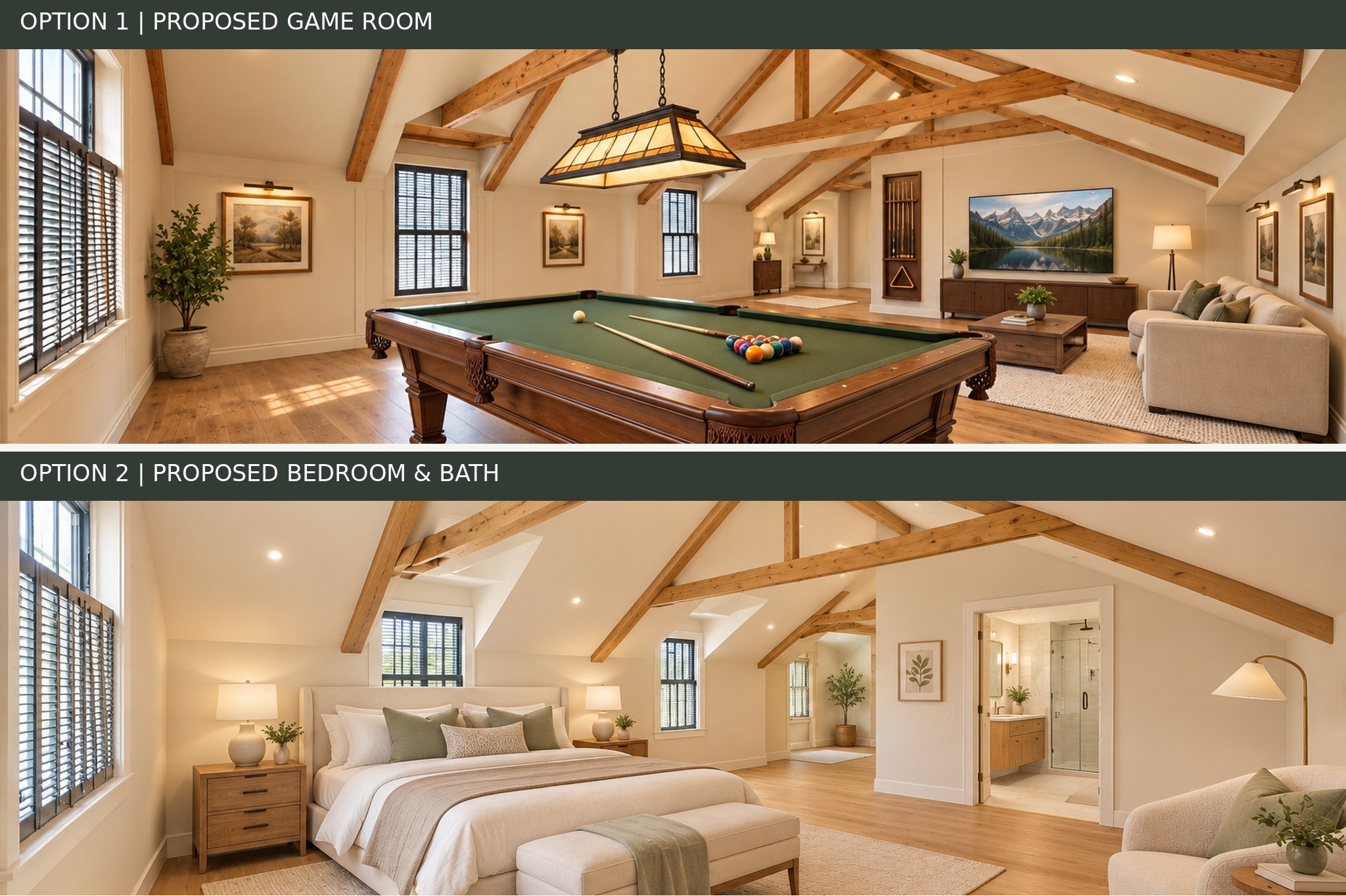 Virtually staged examples of the unfinished space. One showcasing a gameroom and the other a bedroom with en-suite bath.
