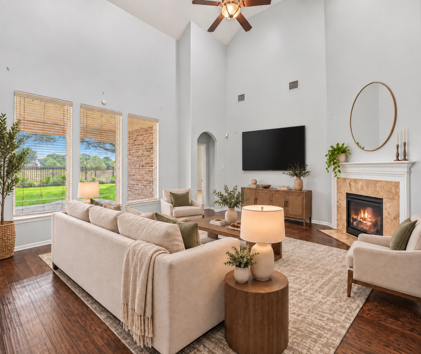 This is just one way to configure the room, but you get the idea! Don't you love how you can watch TV and the fire? (VS)