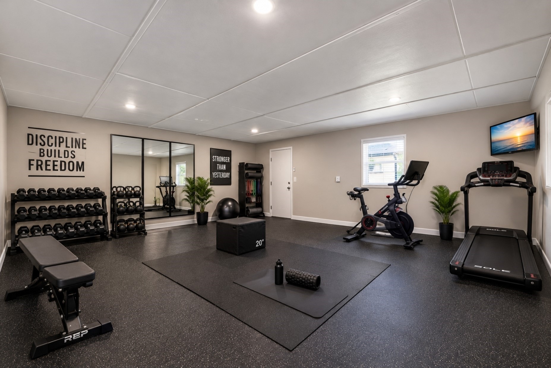 Flex space virtually staged as an exercise room