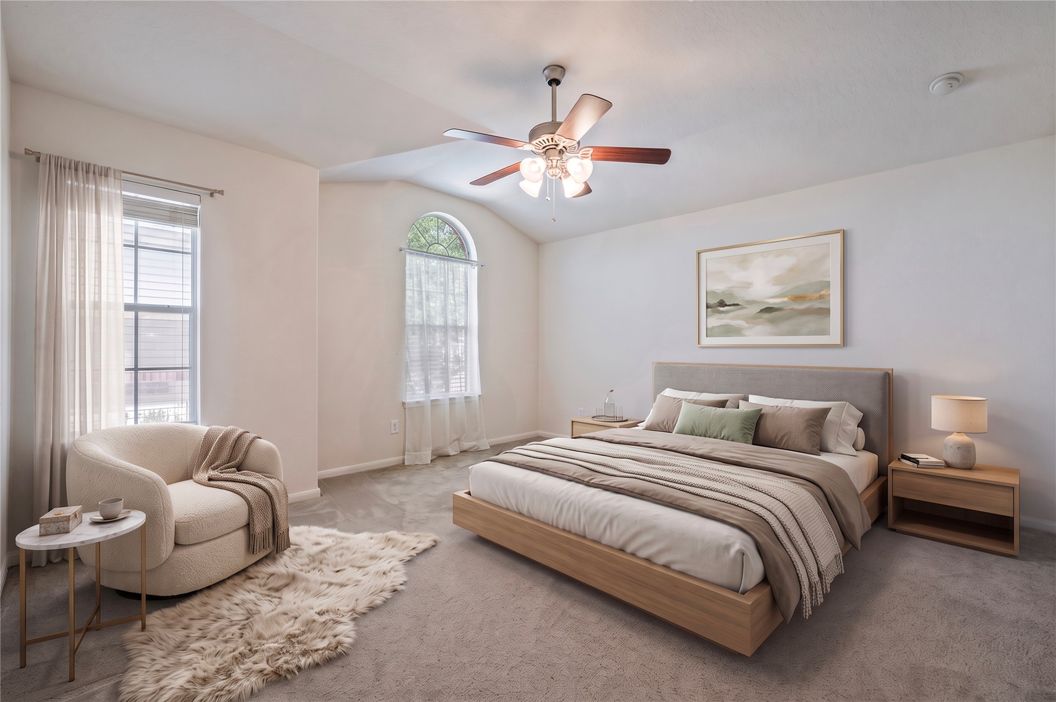A large secondary bedroom with a ceiling fan, walk-in closet and window for natural light. Room is virtually staged.