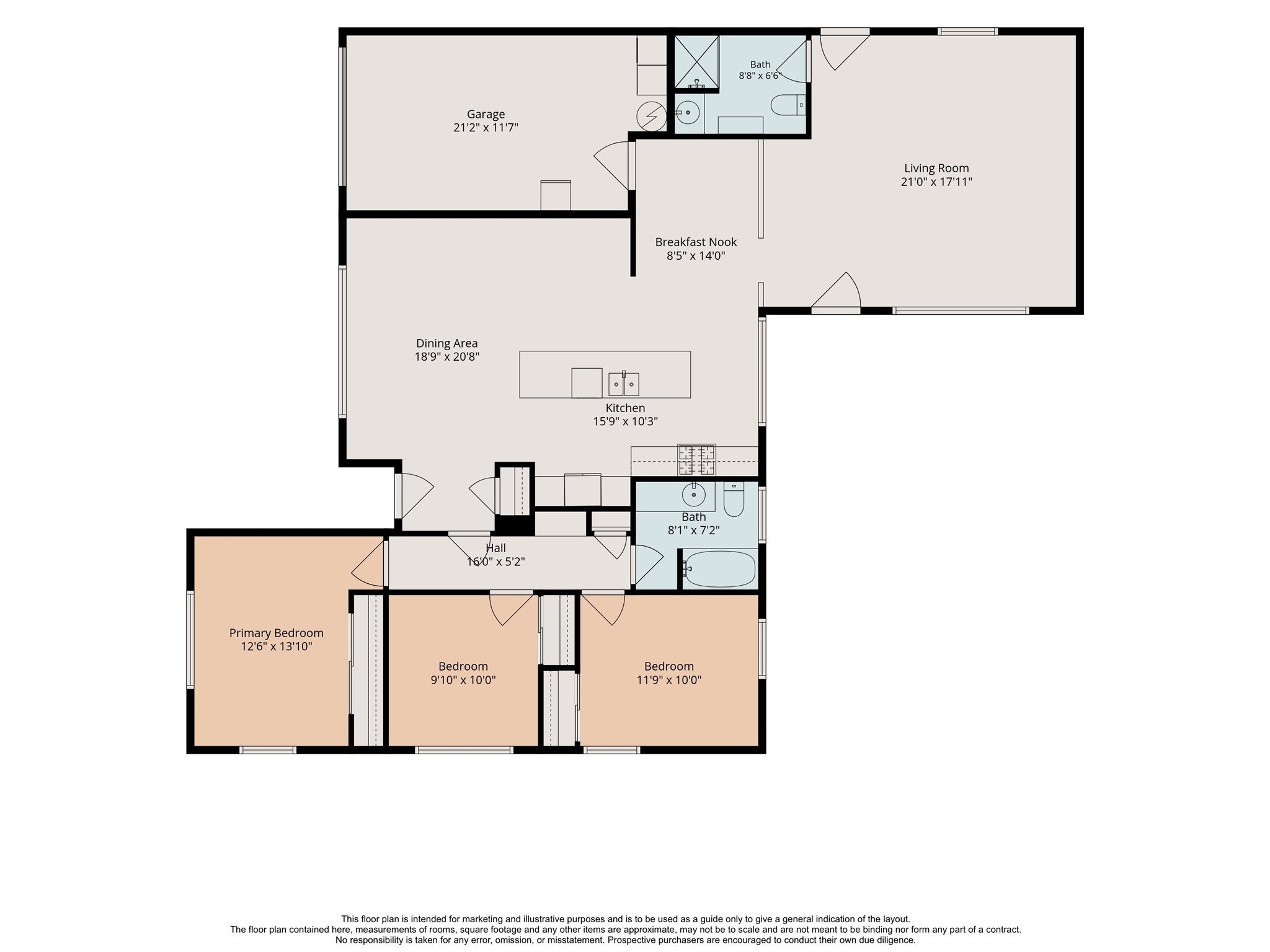 Floor plan illustrates 3 bedrooms, 2 baths and the connected kitchen, breakfast and living areas. Bedrooms occupy a separate wing from the main gathering spaces. Dimensions are approximate and should be independently verified.