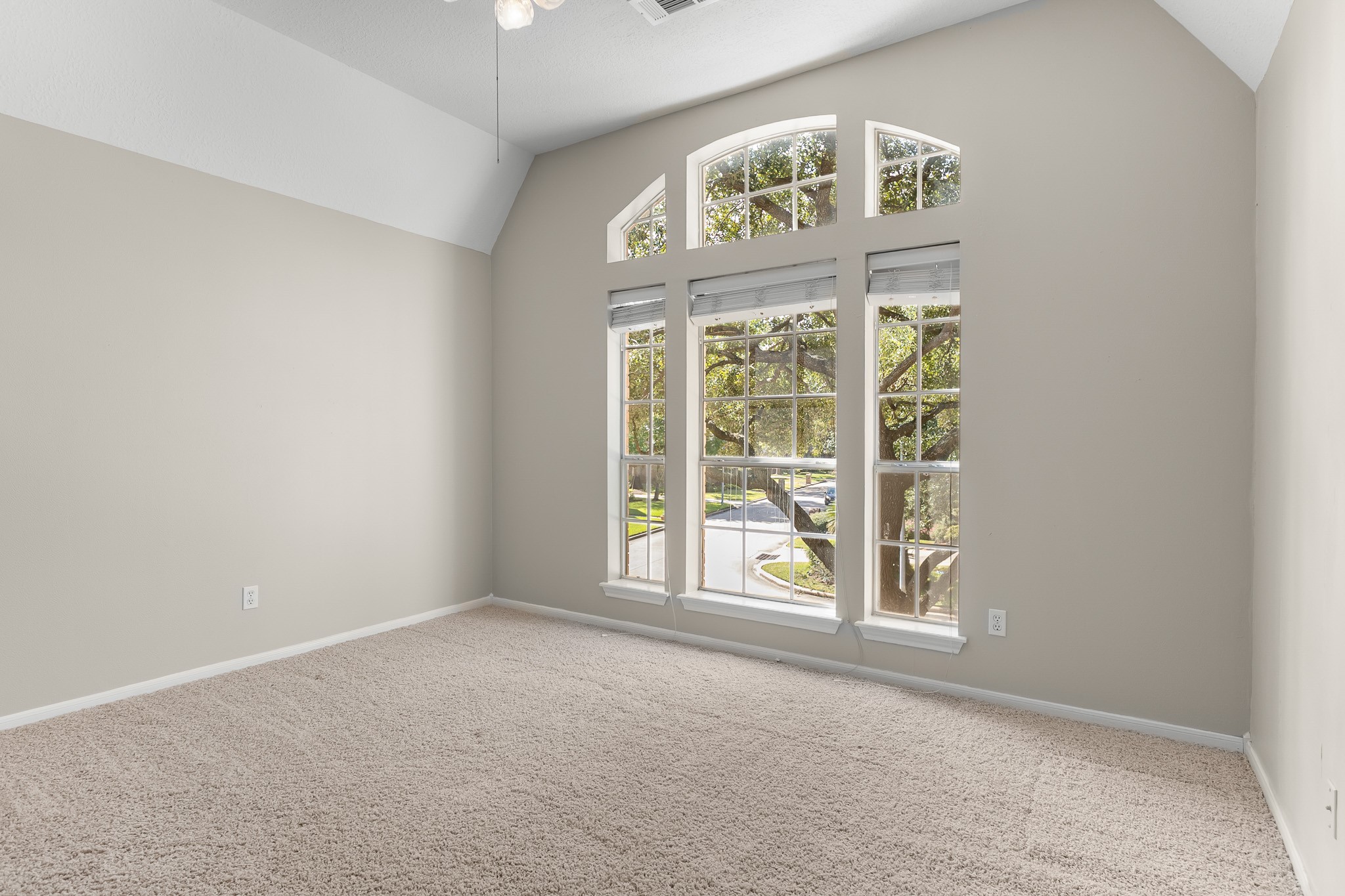 An arched window and vaulted ceiling lend architectural interest to this spacious bedroom, enhanced by soft neutral finishes.
