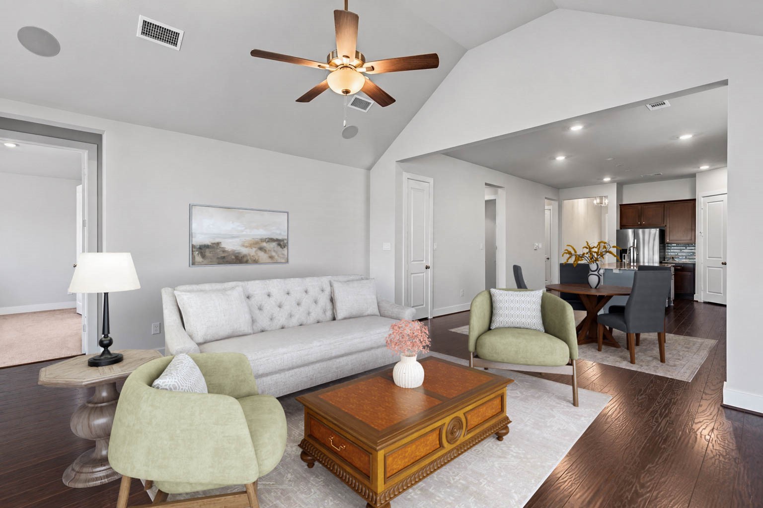 Bright and airy open-concept living space seamlessly combining the family room, dining area, and kitchenperfect for modern living and effortless entertaining. *Virtually Staged