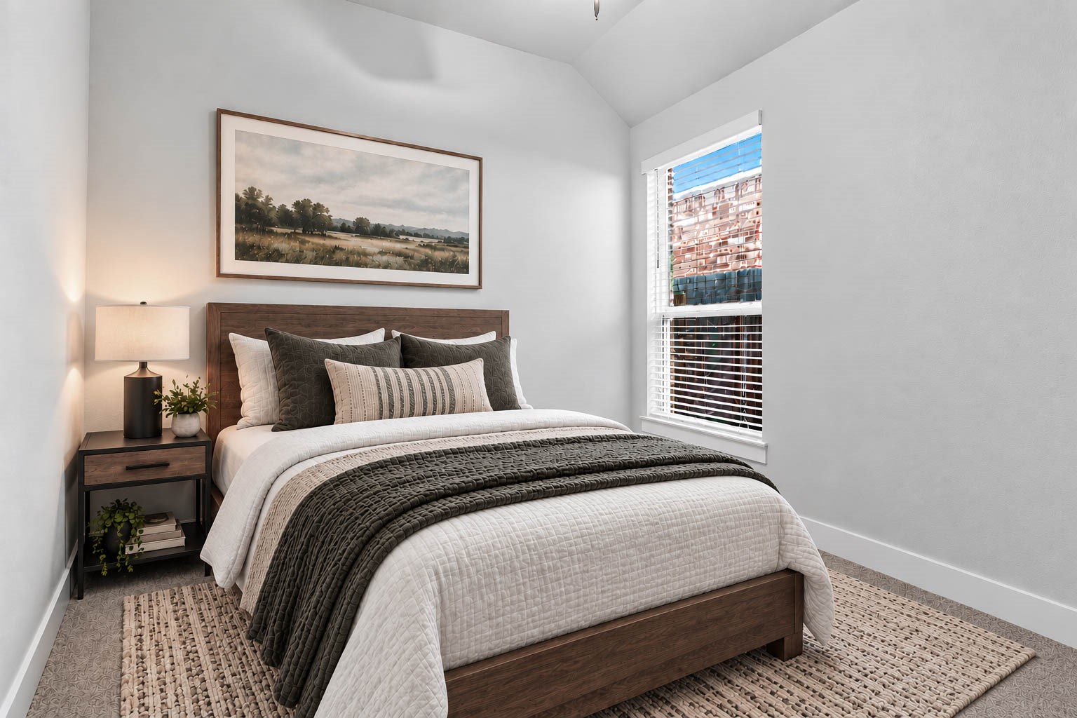 The third secondary bedroom offers plenty of space, featuring a vaulted ceiling accent, plush carpeting, neutral white walls, and a tall window that provides excellent natural lighting. *Virtually Staged