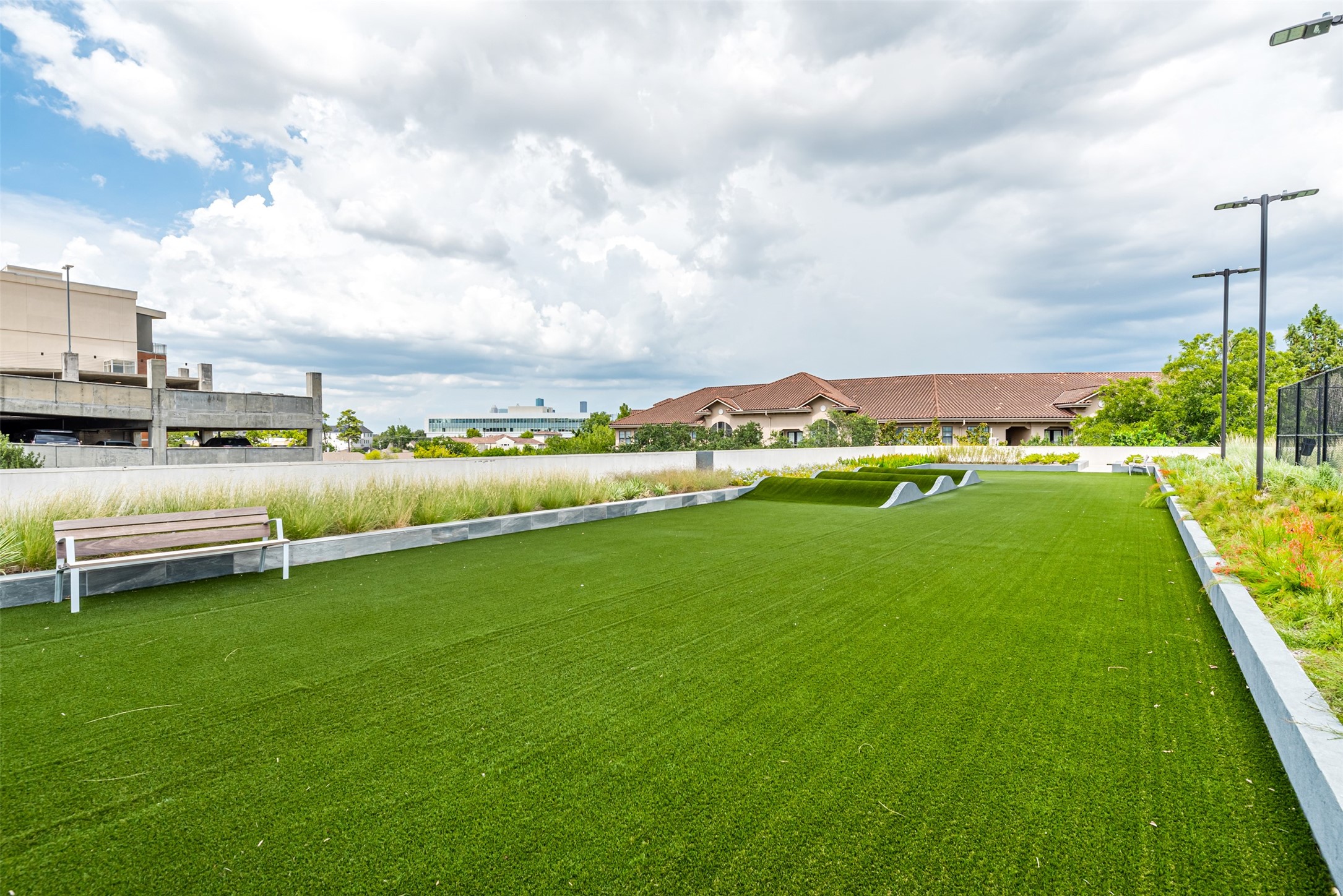 Close up of the turfed fitness circuit, which could also be a place for sunrise yoga or just staring at the stars.
