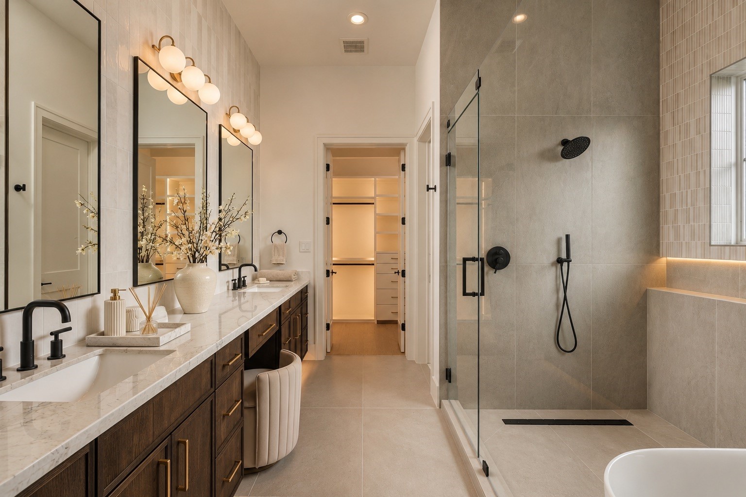 The primary bath delivers a spa-like experience with a generous dual vanity, dedicated makeup station, and an oversized frameless glass shower with a ceiling-mounted rainfall showerhead.
