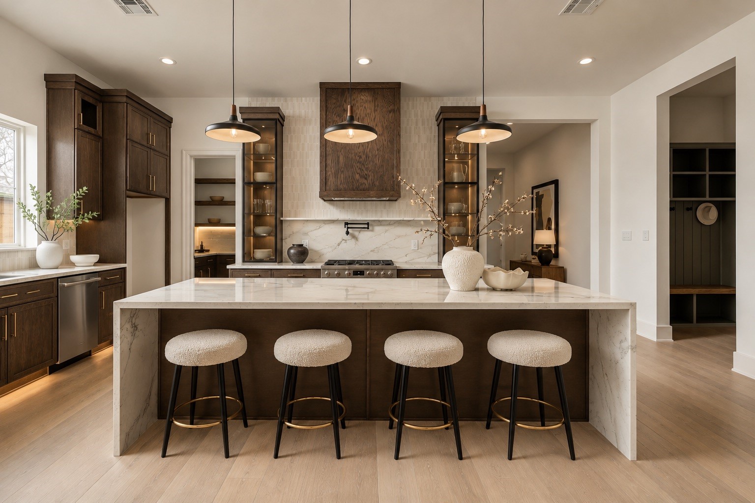 A front-facing view highlights the kitchens symmetry and tailored composition, with the oversized island anchoring the space and seating five comfortably for casual dining and conversation.