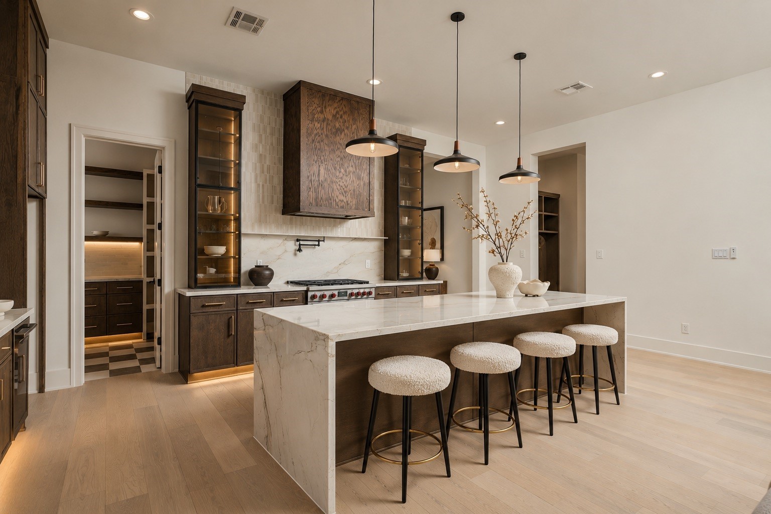The kitchens generous scale and extended island seating create a true entertaining centerpiece, while the open layout maintains an effortless connection to the surrounding living spaces.