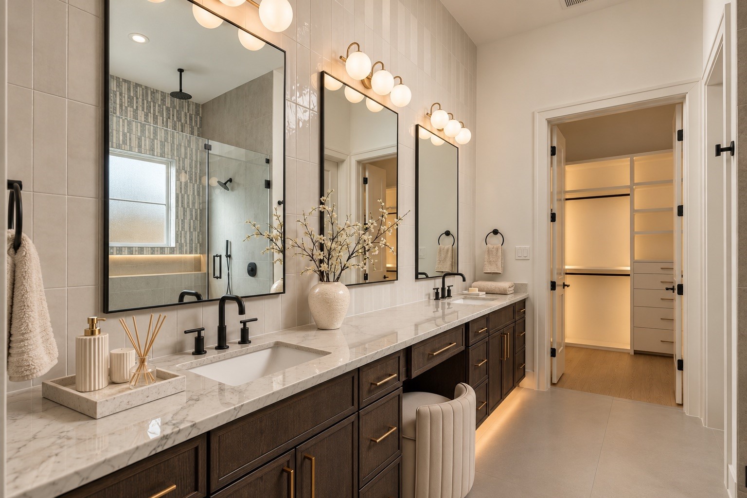 A closer look at the primary vanity showcases Mount Blanc Quartzite countertops, abundant storage, and a dedicated makeup station, with direct access to one of the suites two custom closets.