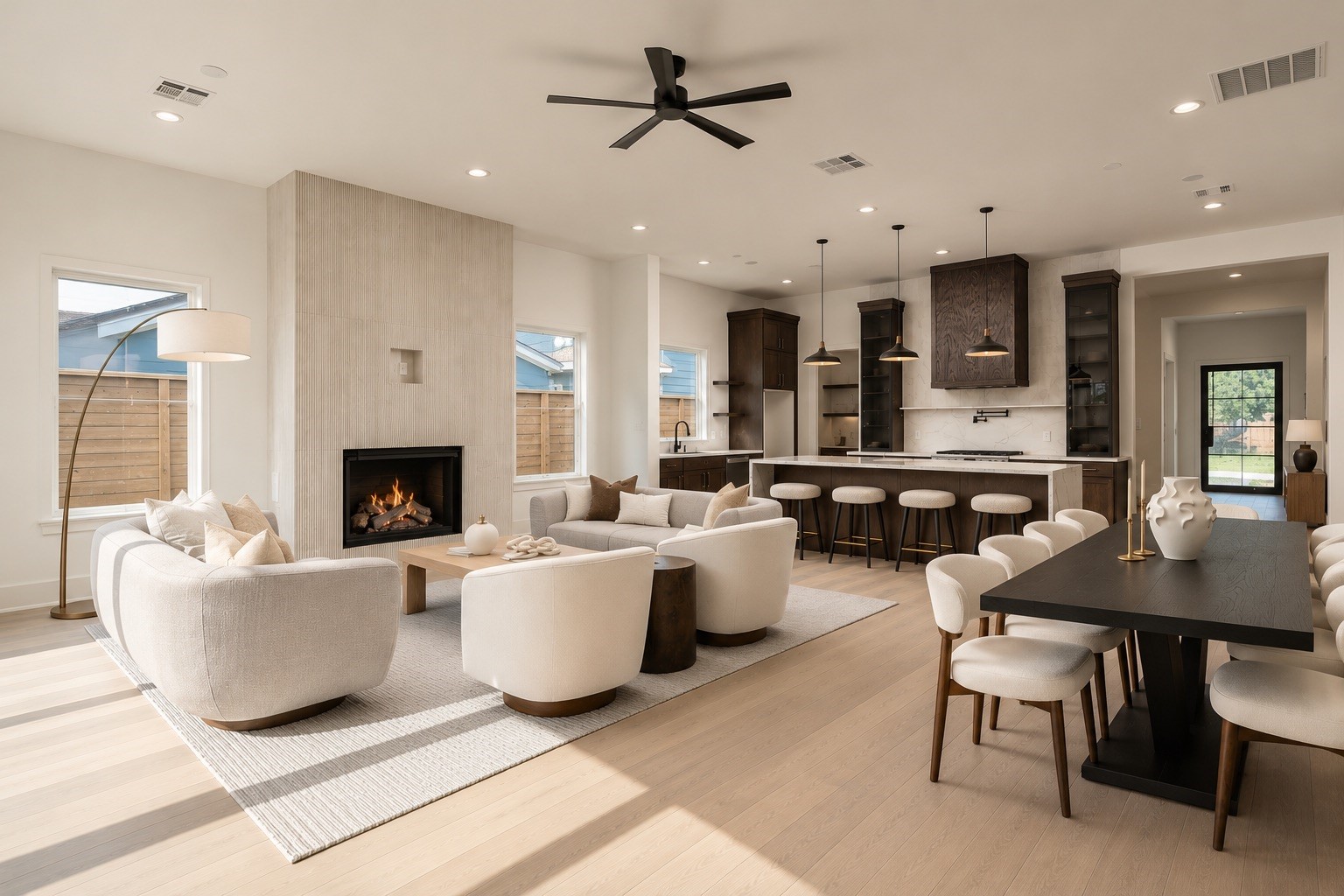 From this perspective, the homes open-concept design comes fully into view, connecting the living, dining, and kitchen areas into one expansive setting designed for everyday life and larger gatherings alike.