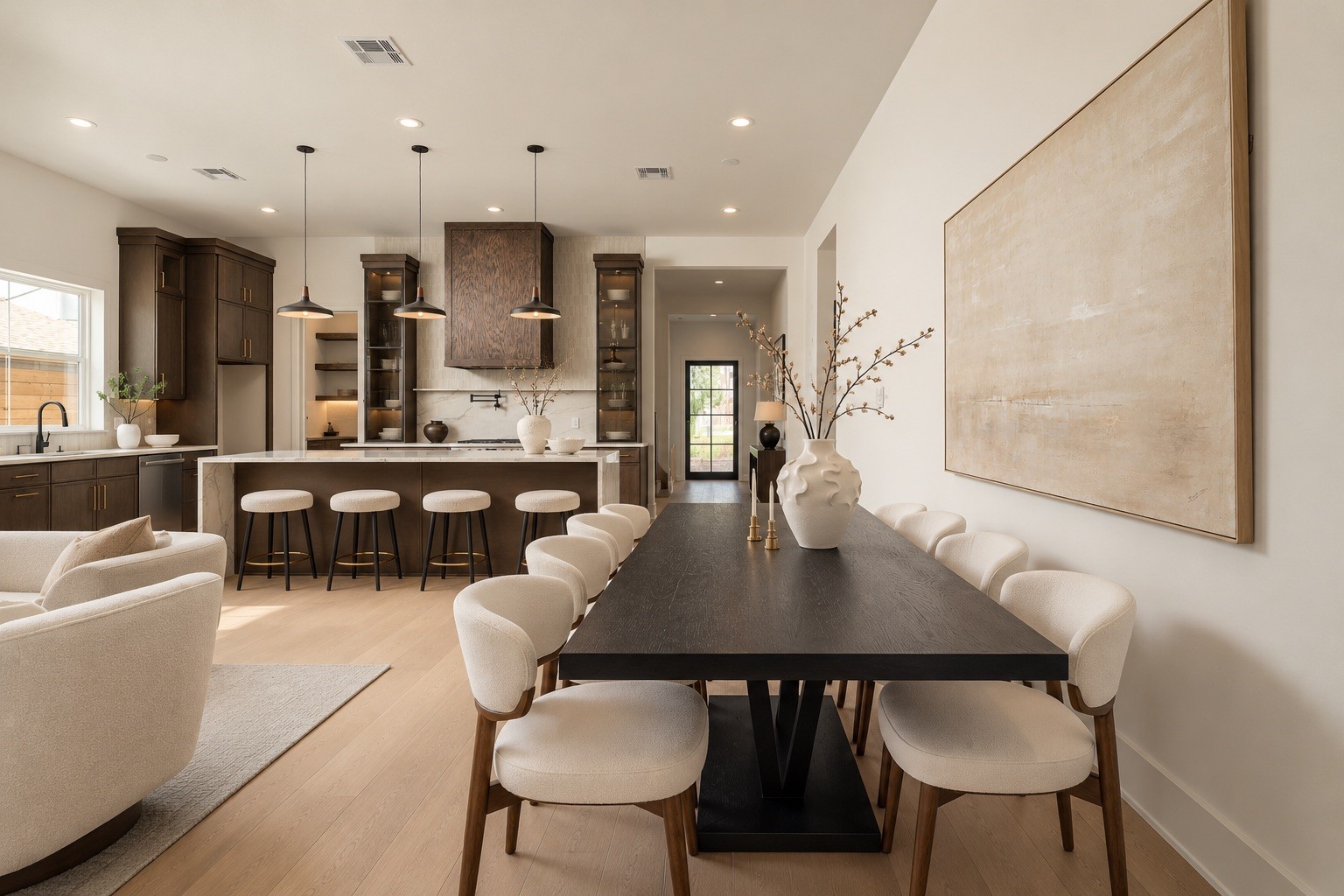 A beautiful interplay of light and dark finishes defines this view, with warm engineered oak flooring contrasting against the kitchen's deep-toned cabinetry.