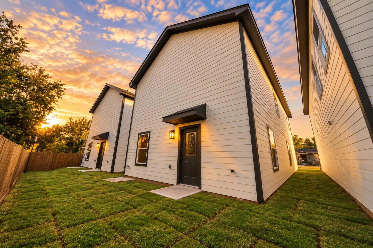 Rear exterior view showcasing the home's modern design, fully fenced backyard, private outdoor space & convenient access from the main living area.