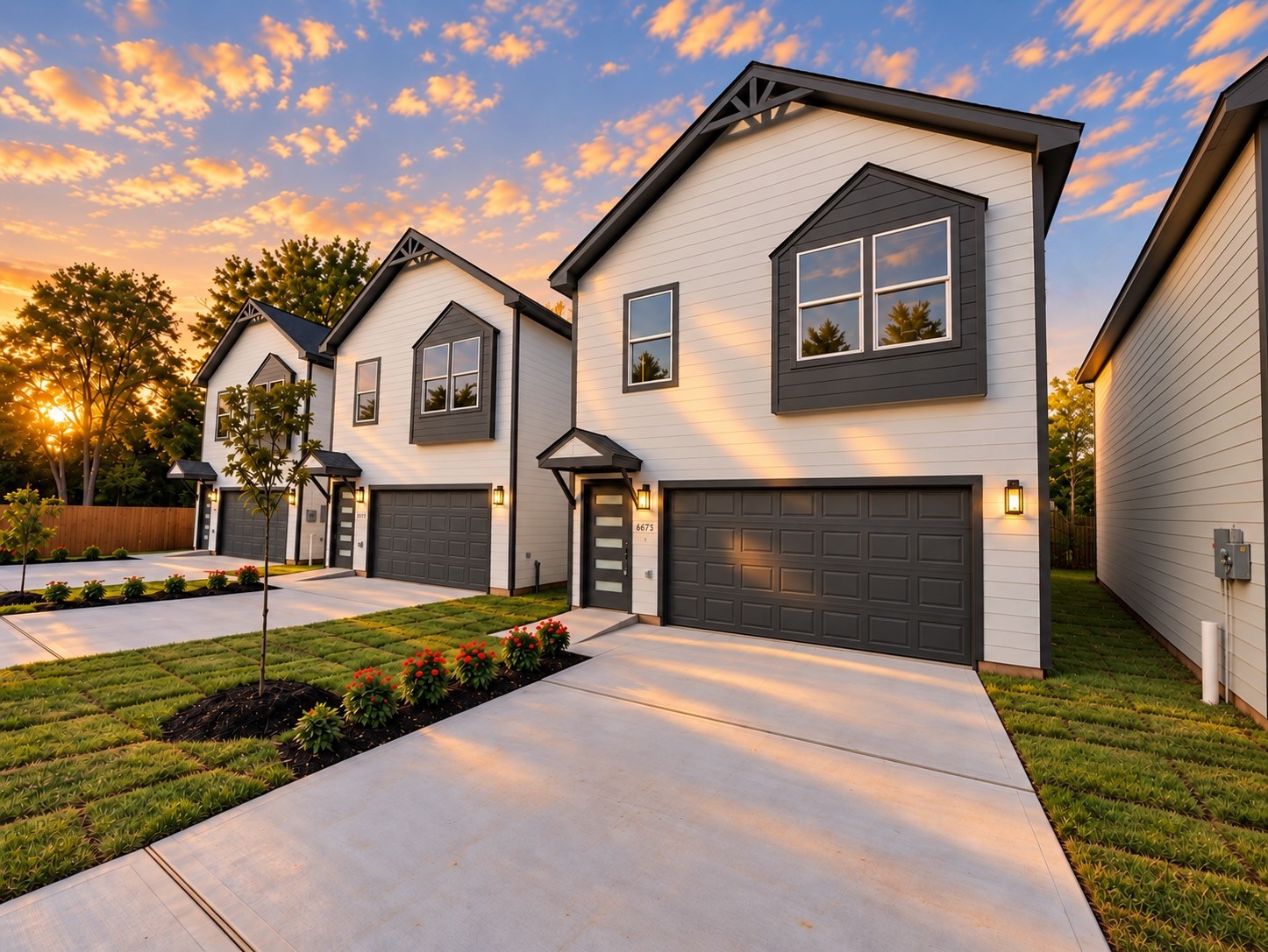 Beautiful front elevation showcasing the home's modern design, decorative exterior accents, covered entry, contemporary front door & spacious 2-car garage.
