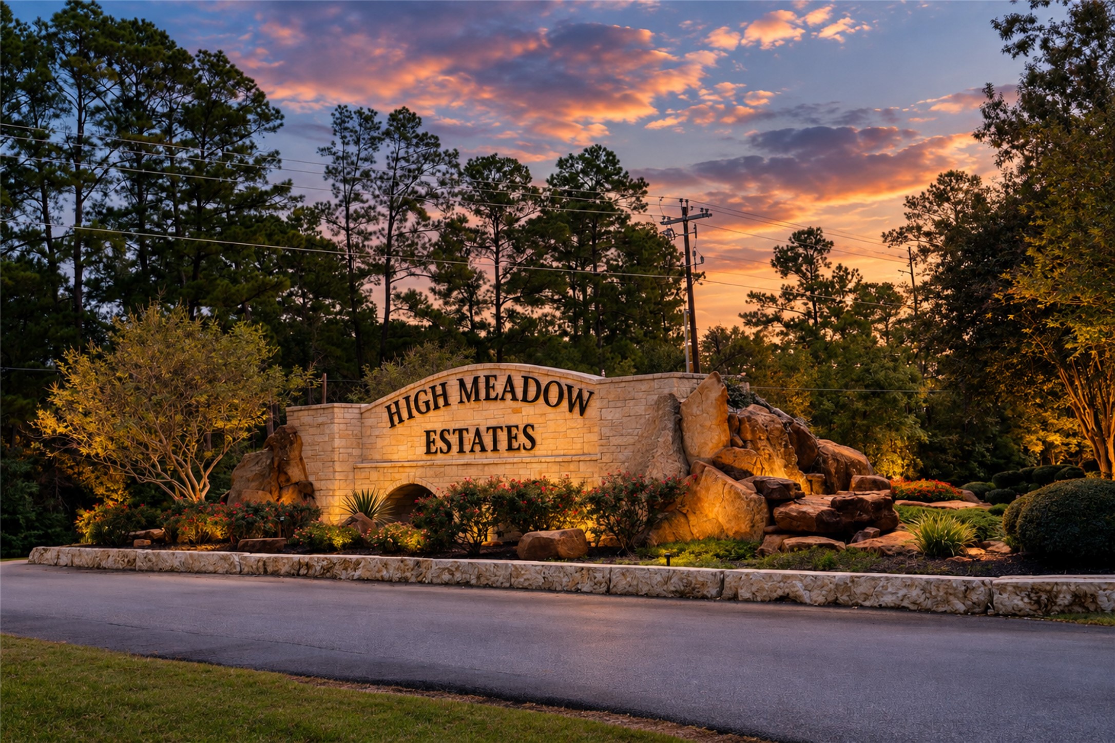 The stone entrance welcomes you to High Meadow Estates, where mature trees and spacious surroundings set the tone. The stone entrance welcomes you to High Meadow Estates, where mature trees and spacious surroundings set the tone.