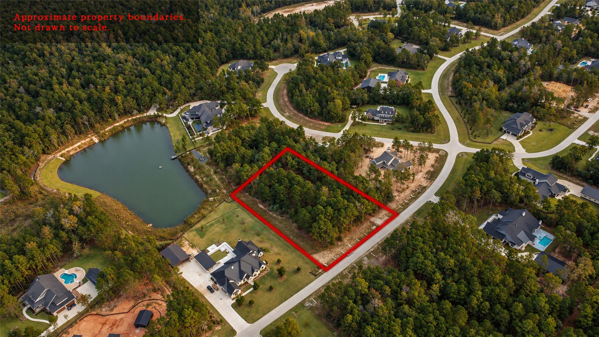 Approximate property boundaries are outlined in red for reference. Lines are not drawn to scale and do not replace a survey. The nearby lake is shown for context. Approximate property boundaries are outlined in red for reference. Lines are not drawn to scale and do not replace a survey. The nearby lake is shown for context.