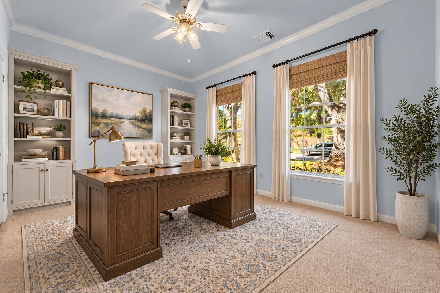 AI picture showing how furniture can be laid out as an office downstairs.