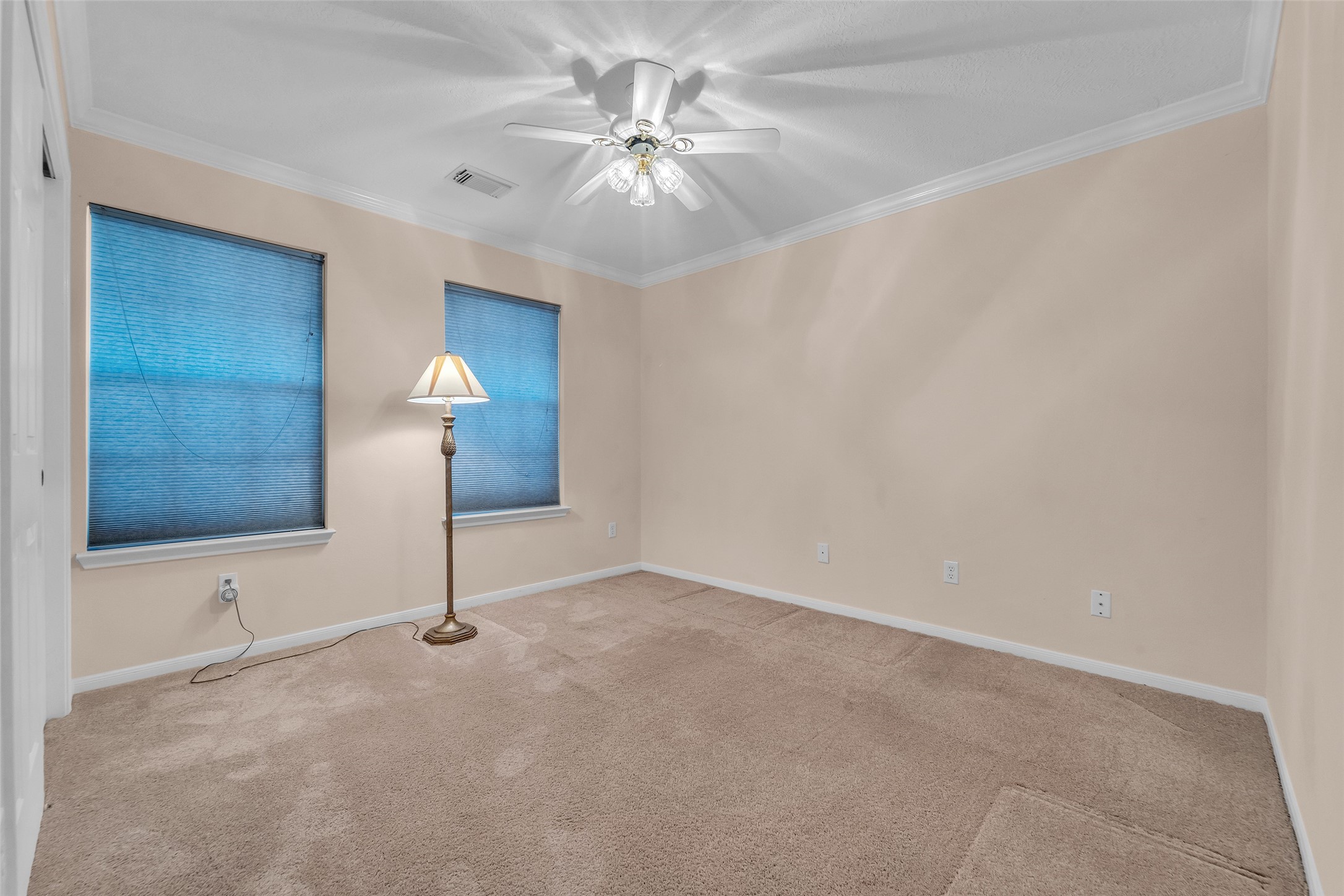 Spacious bedroom with neutral walls, carpet flooring, and two large windows providing natural light, complemented by a ceiling fan.