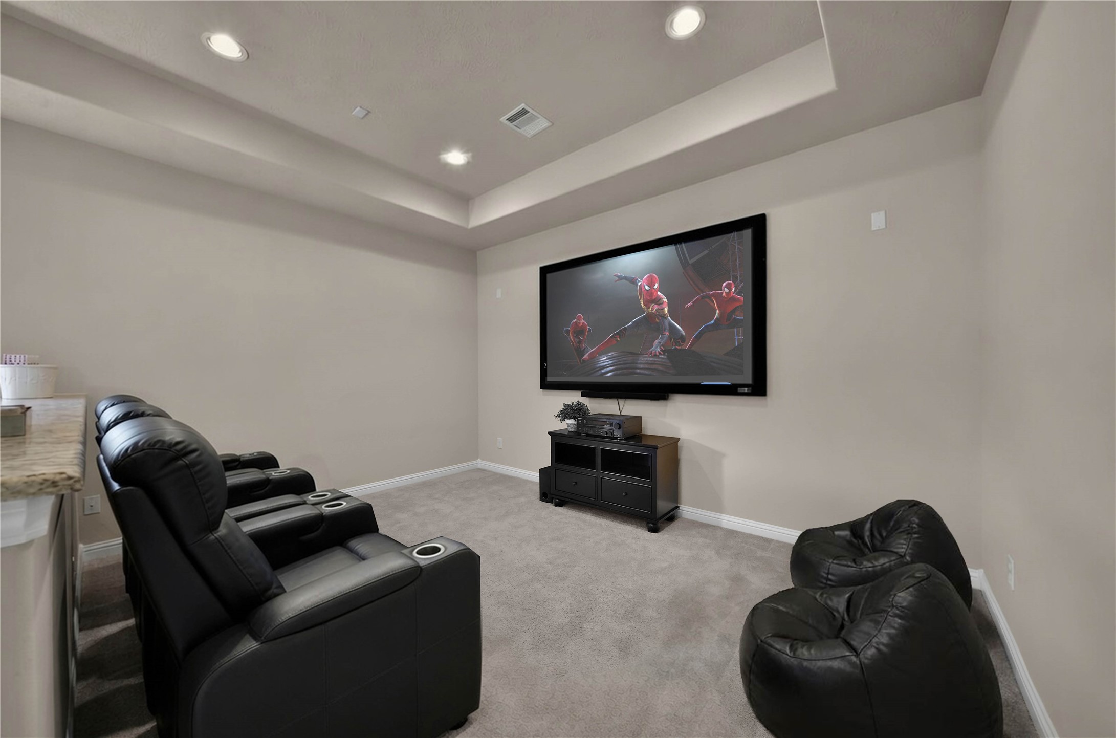 Lights, Camera , Action! 
Media room is equipped with a Sony projector and built in screen which will have you watching movies from day 1! (virtually staged)