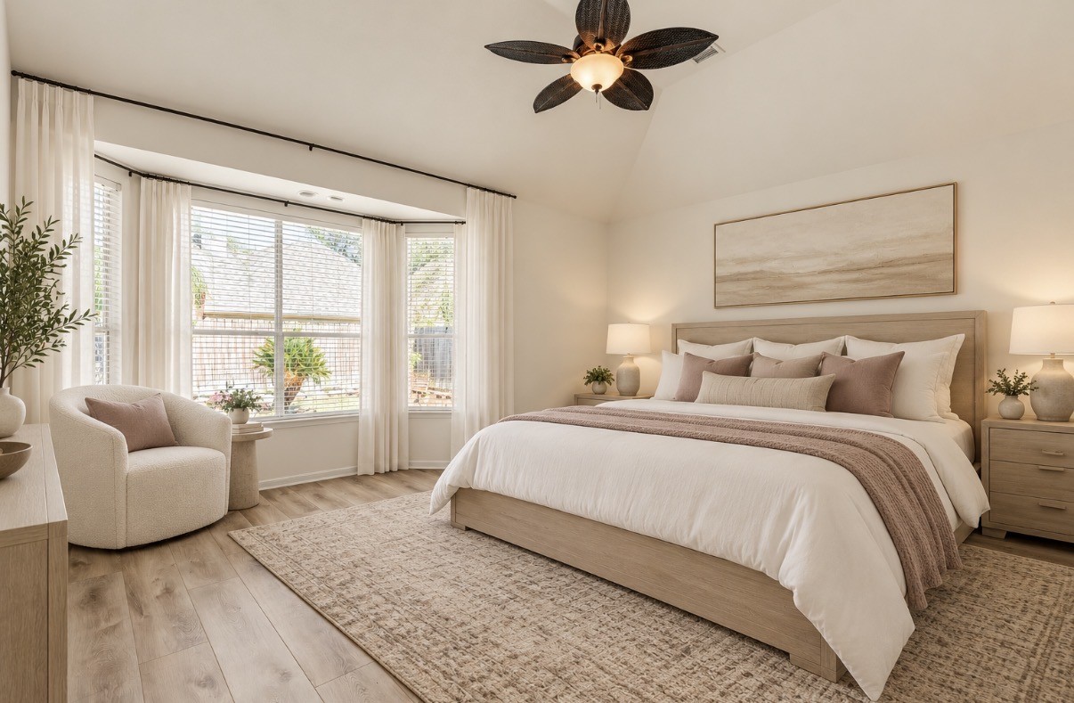 Staged Visual of primary bedroom possibilities.