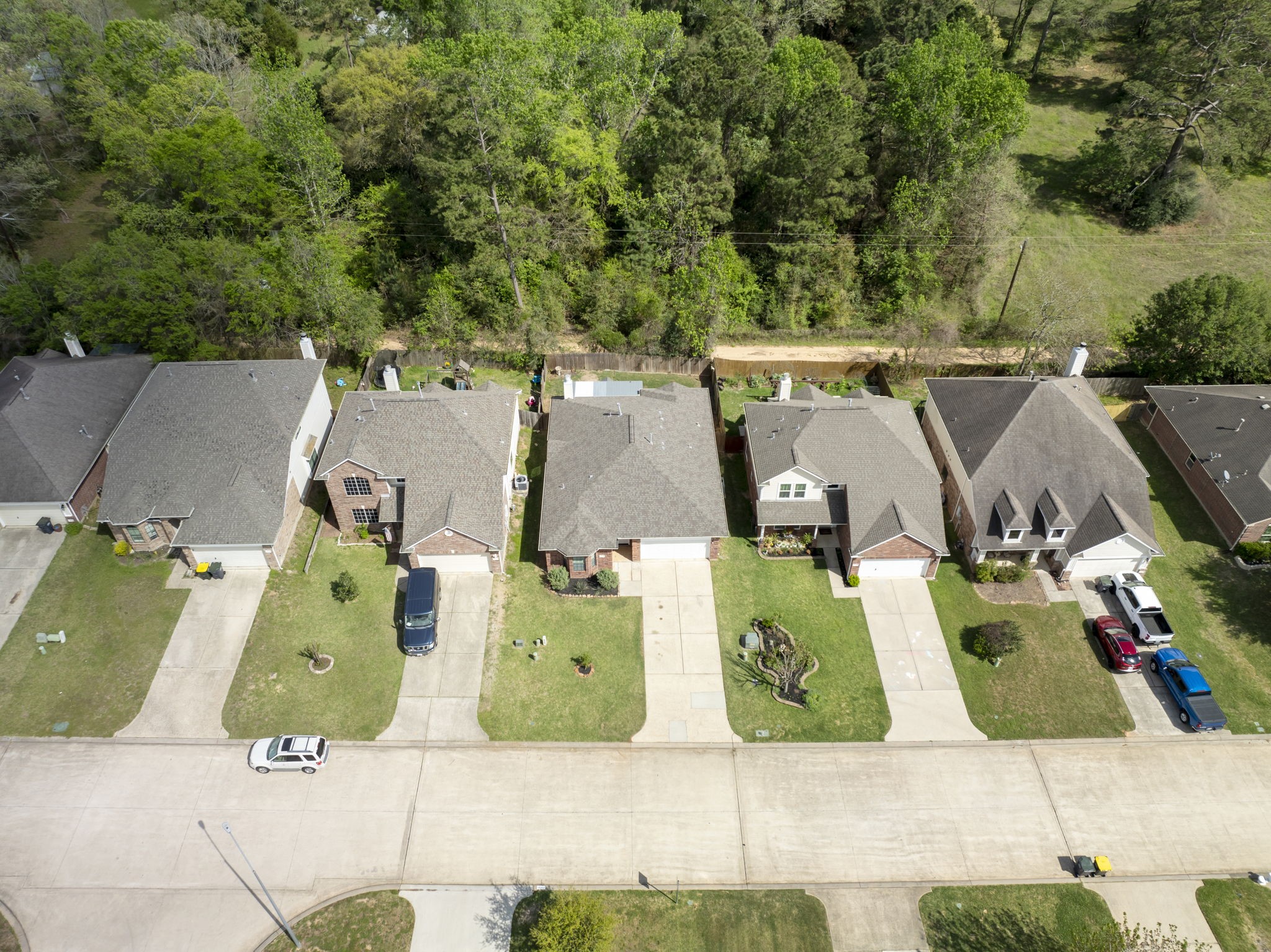 Charming neighborhood featuring a row of well-maintained, single-family homes with spacious driveways. The lush greenery of the surrounding trees offers a serene, natural backdrop.
