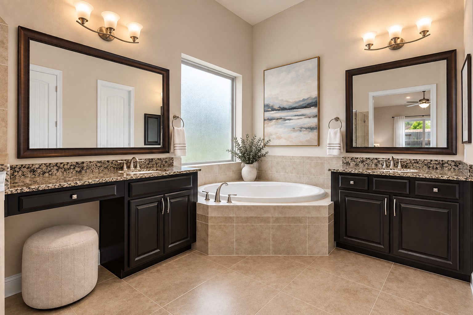 The primary en-suite bath features granite countertops, his-and-her vanities, framed mirrors, a relaxing soaking tub, separate walk-in shower, and a spacious walk-in closet.