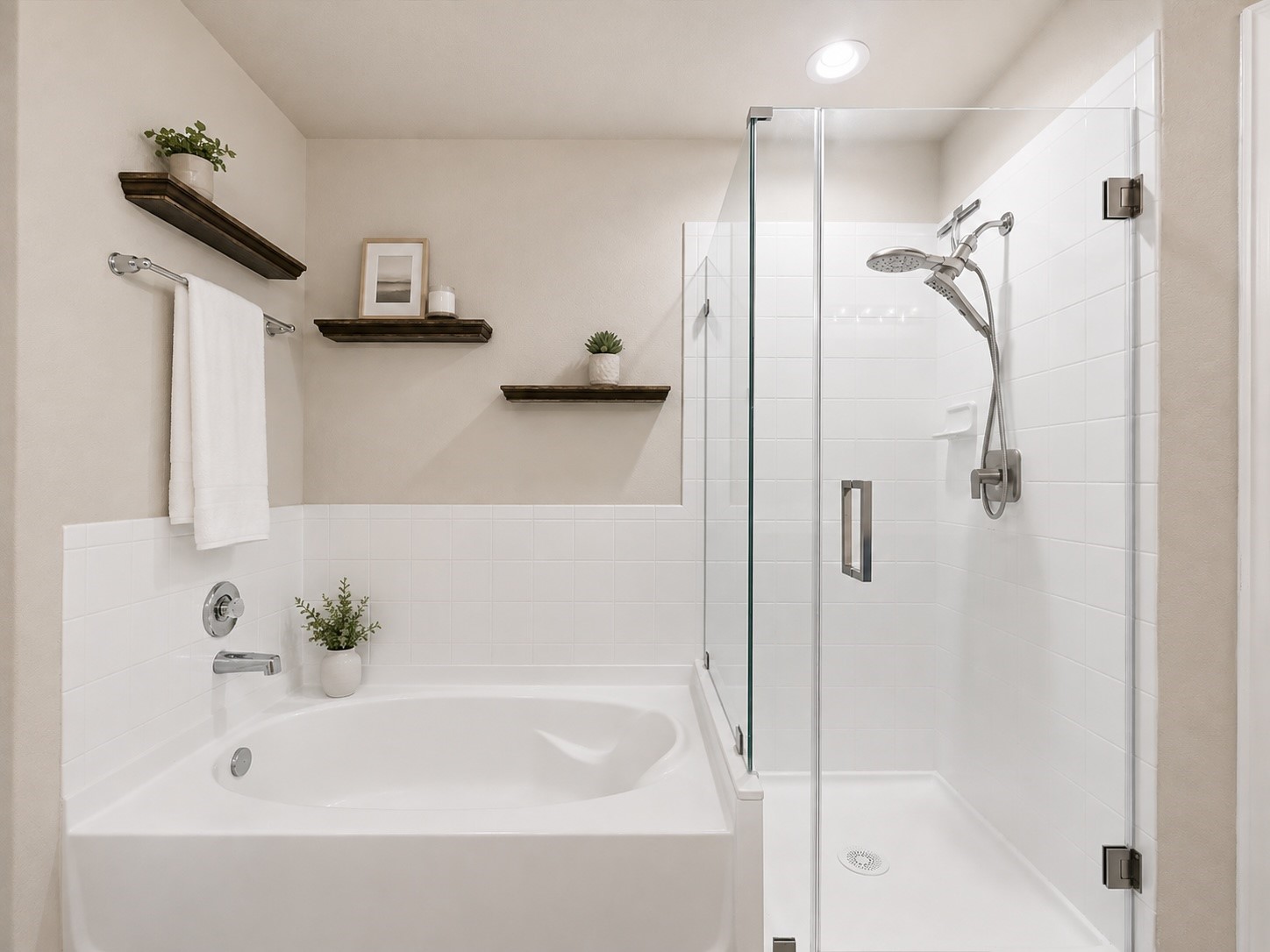 Separate tub and frame-less stand-up shower. (VS)