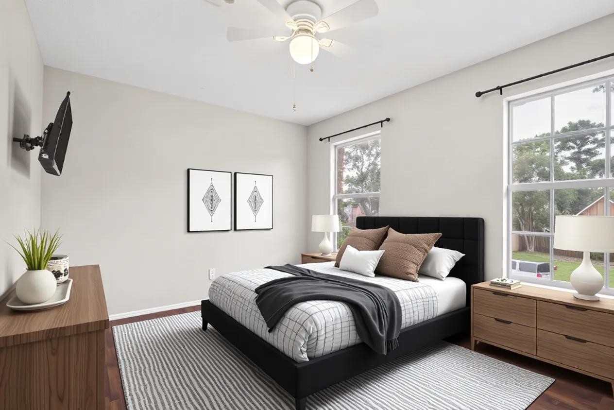 One of three secondary bedrooms upstairs, this inviting space features beautiful engineered hardwood floors, windows that fill the room with natural light, and a ceiling fan for added comfort.