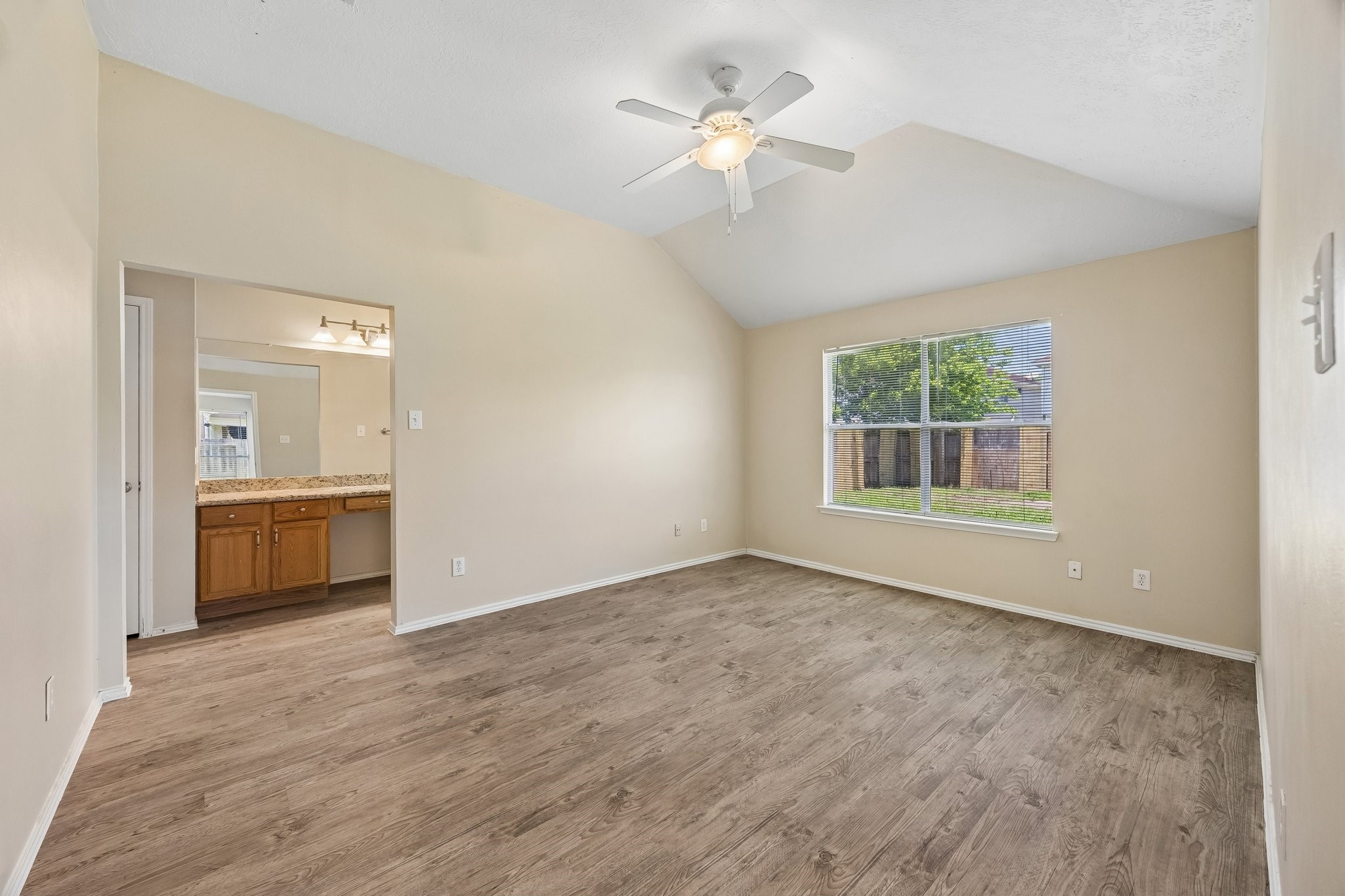 Primary Bedroom ceiling fan, high ceiling .
