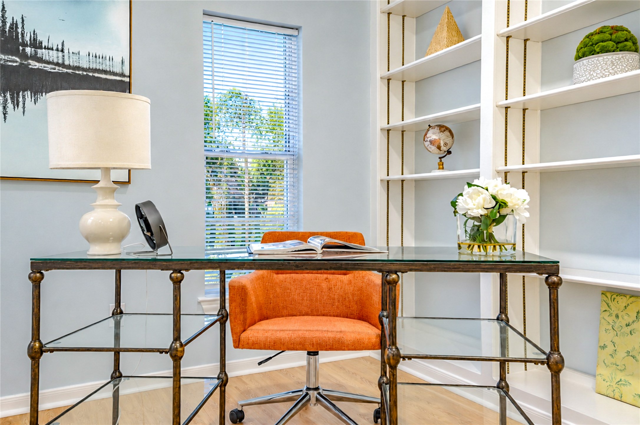 Working from home has never looked so inviting! This bright and stylish second-floor office offers a peaceful space to stay inspired and productive, with beautiful natural light, built-in shelving and room to create your ideal work-from-home retreat. Working from home has never looked so inviting! This bright and stylish second-floor office offers a peaceful space to stay inspired and productive, with beautiful natural light, built-in shelving and room to create your ideal work-from-home retreat.