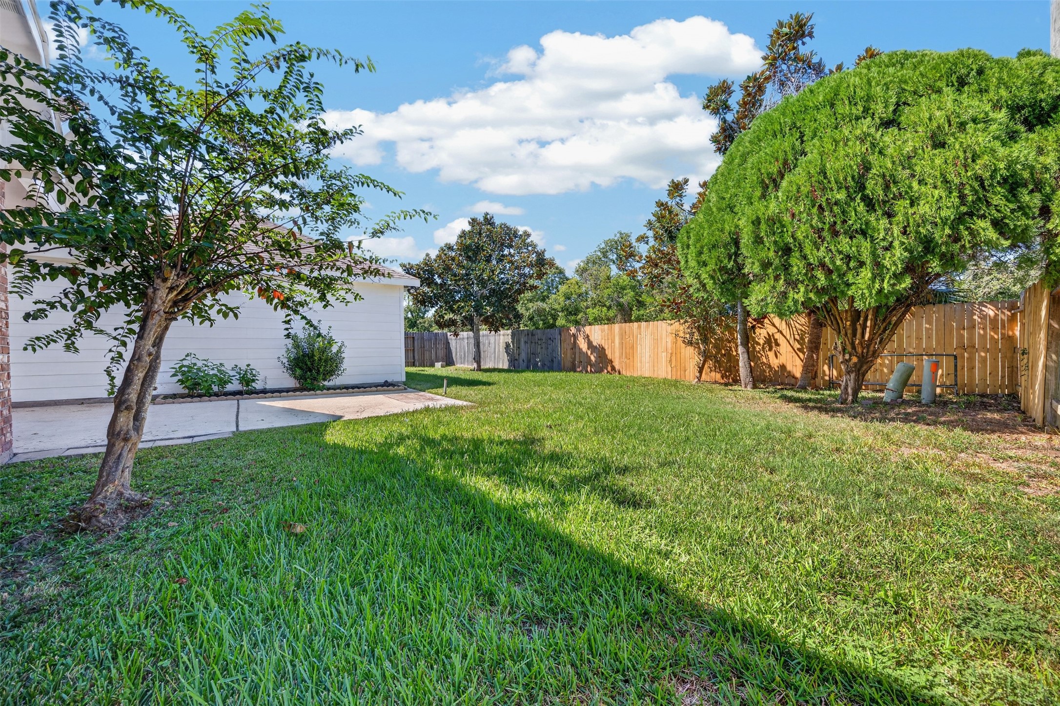 Spacious backyard with lush green lawn, mature trees, and a privacy fence, offering a serene outdoor retreat.