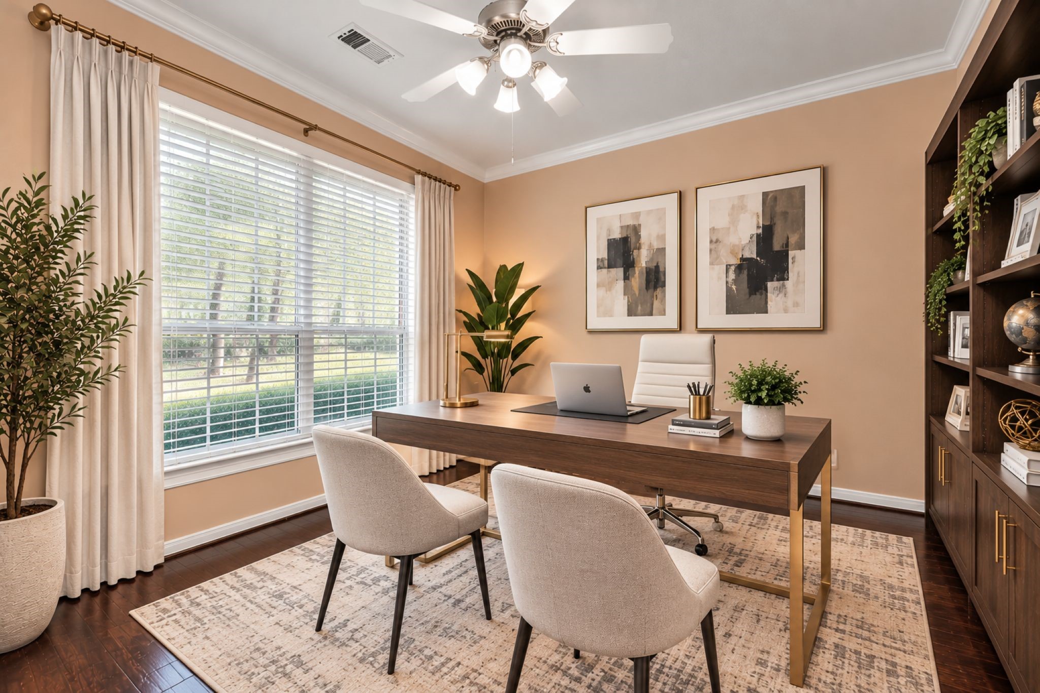 VIRTUAL STAGING
Bright and inviting, this stylish office room boasts a large window with serene views, elegant furnishings, and ample shelving, creating a perfect space for productivity and inspiration.