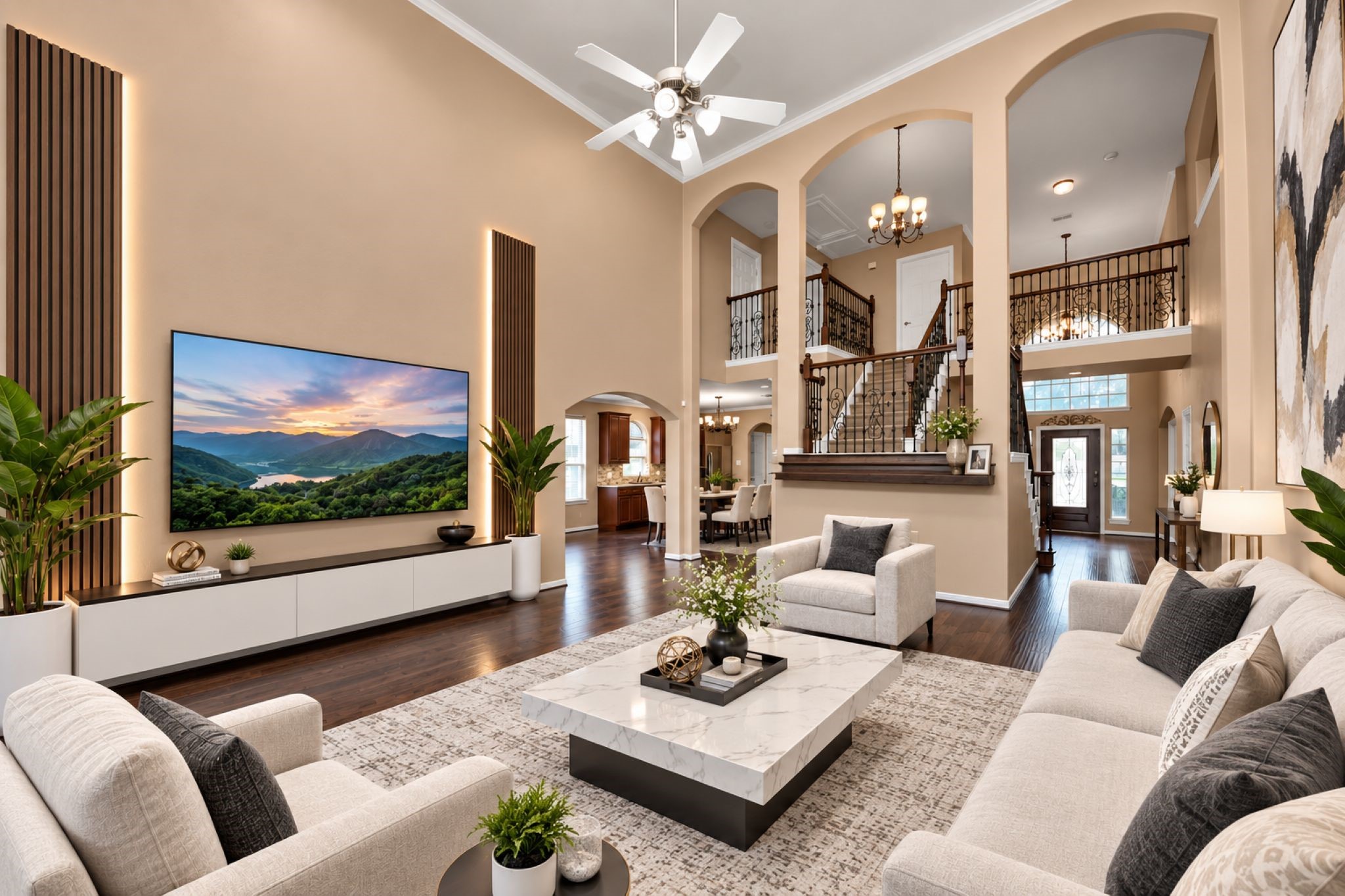 VIRTUAL STAGING
Elegant living room with vaulted ceilings, stylish chandelier, and a grand staircase. Spacious seating area, modern decor, and a large flat-screen TV create a welcoming atmosphere. VIRTUAL STAGING
Elegant living room with vaulted ceilings, stylish chandelier, and a grand staircase. Spacious seating area, modern decor, and a large flat-screen TV create a welcoming atmosphere.