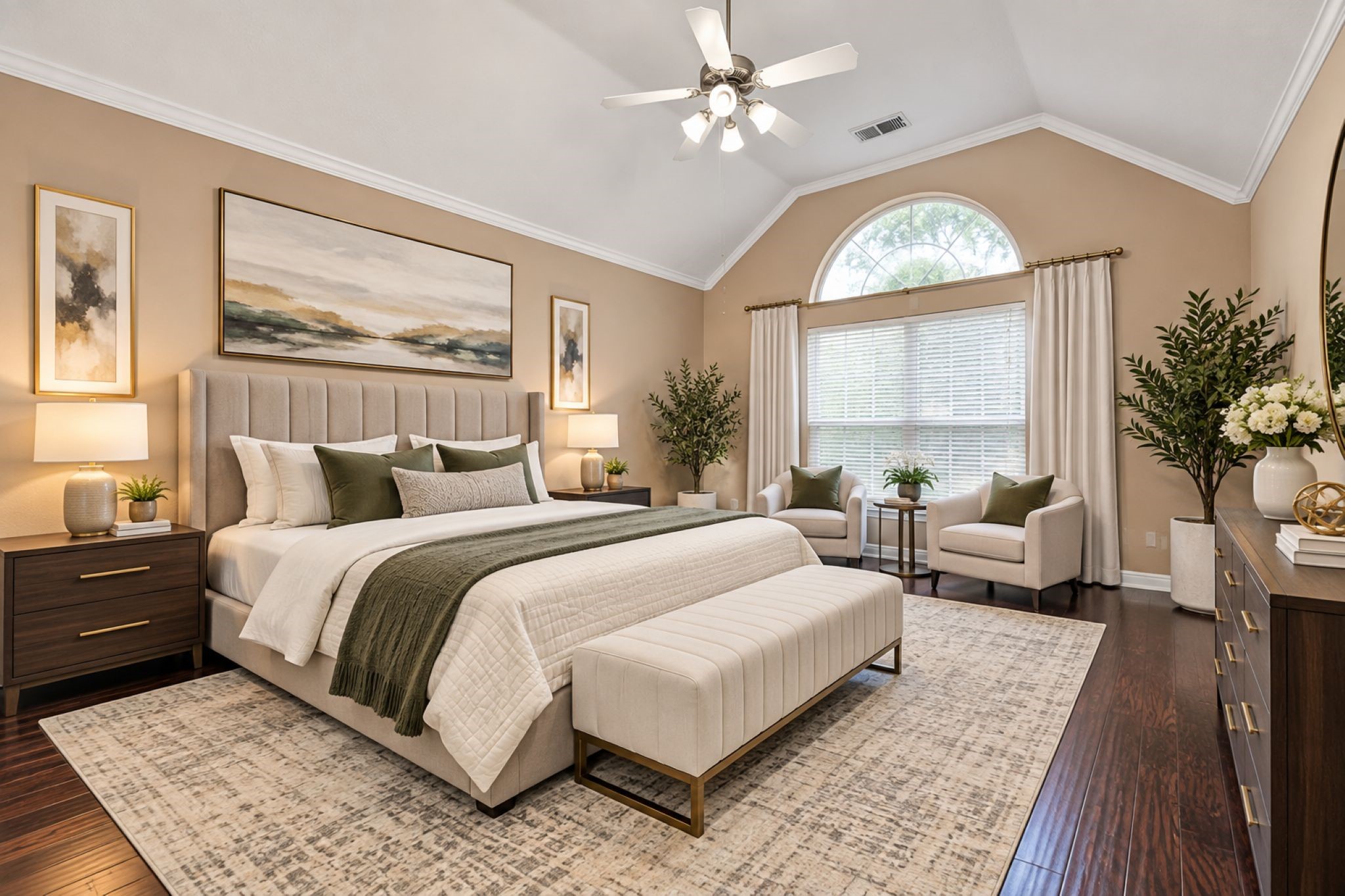 VIRTUAL STAGING
Spacious bedroom with vaulted ceiling, featuring a large window for natural light, elegant furnishings, and a soothing neutral color palette.