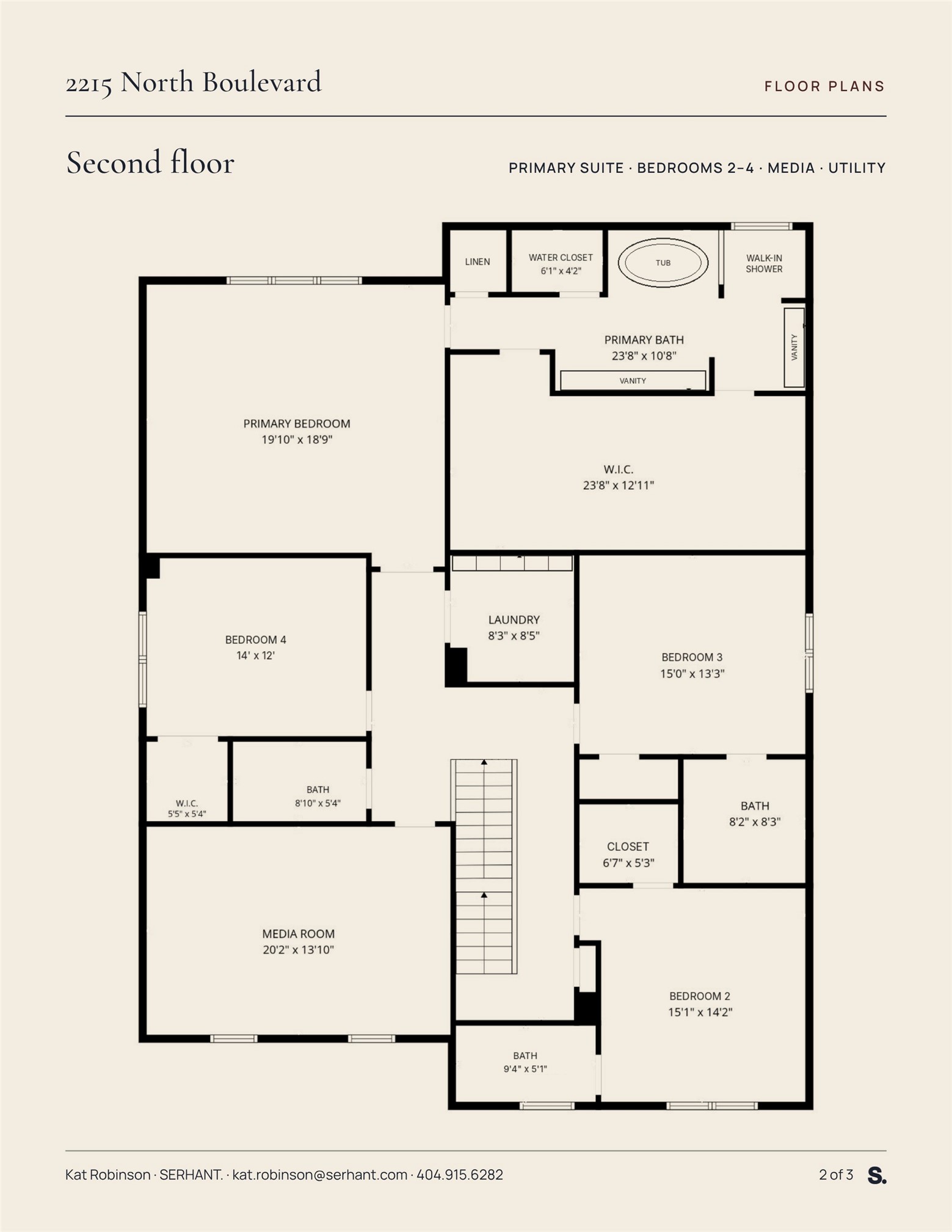 Second floor: primary retreat with spa bath and boutique dressing room, three more bedrooms, three baths, a media room and laundry.