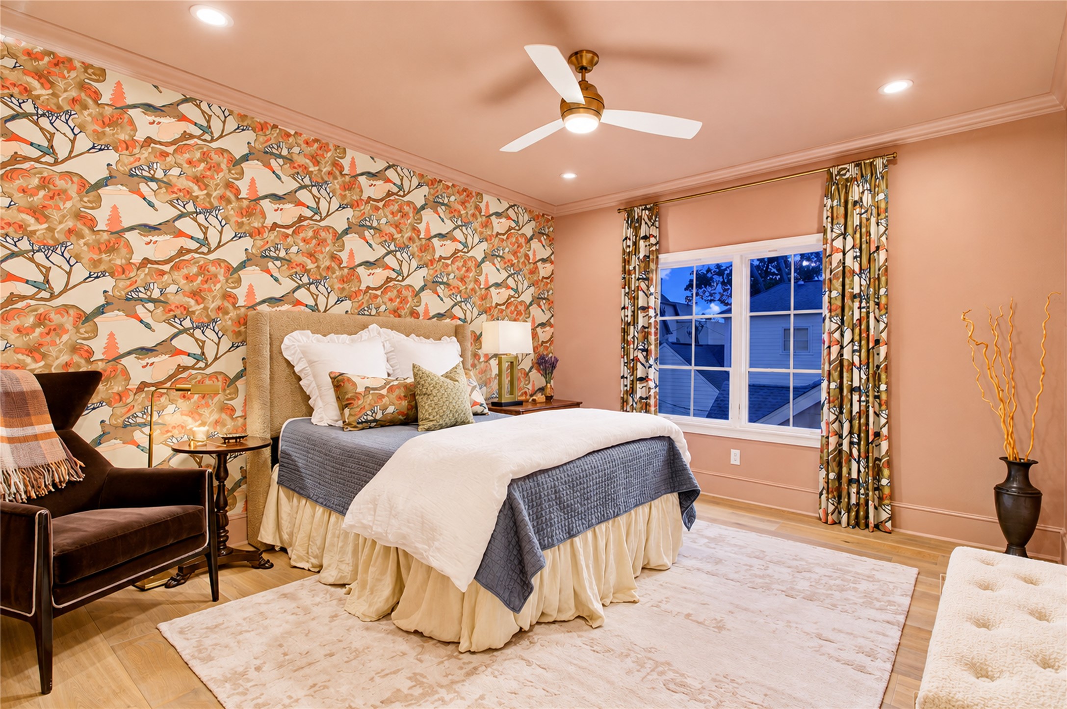 The third bedroom showcases imported Mulberry Grand Flying Duck wallpaper, wide-plank white oak floors, and an expansive double window.