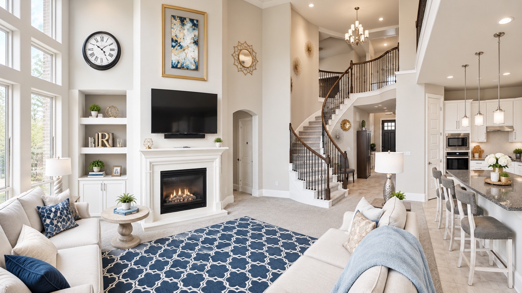 Living Room / Kitchen  Dramatic two-story living room with a wall of windows, fireplace, built-ins, and open connection to the kitchen. [Virtually Staged & Rendered]