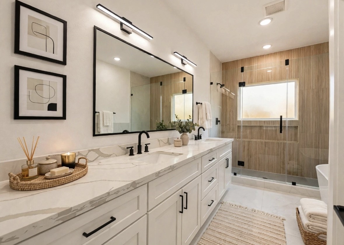 Luxurious bathroom featuring stylish accent walls in the shower and a sleek shower-tub combination. A designated vanity space adds extra functionality, while modern finishes and thoughtful details create a beautiful, spa-like feel.
