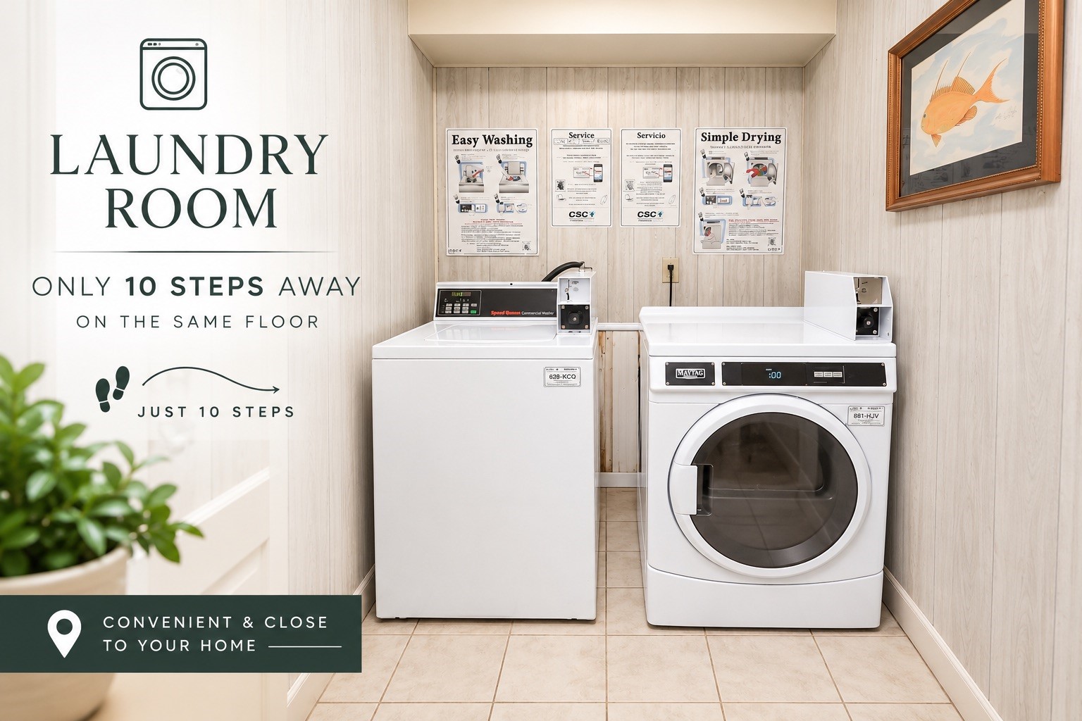 Convenient on-site laundry room ONLY 10 steps away - offering residents an easy and accessible space to take care of their laundry needs.