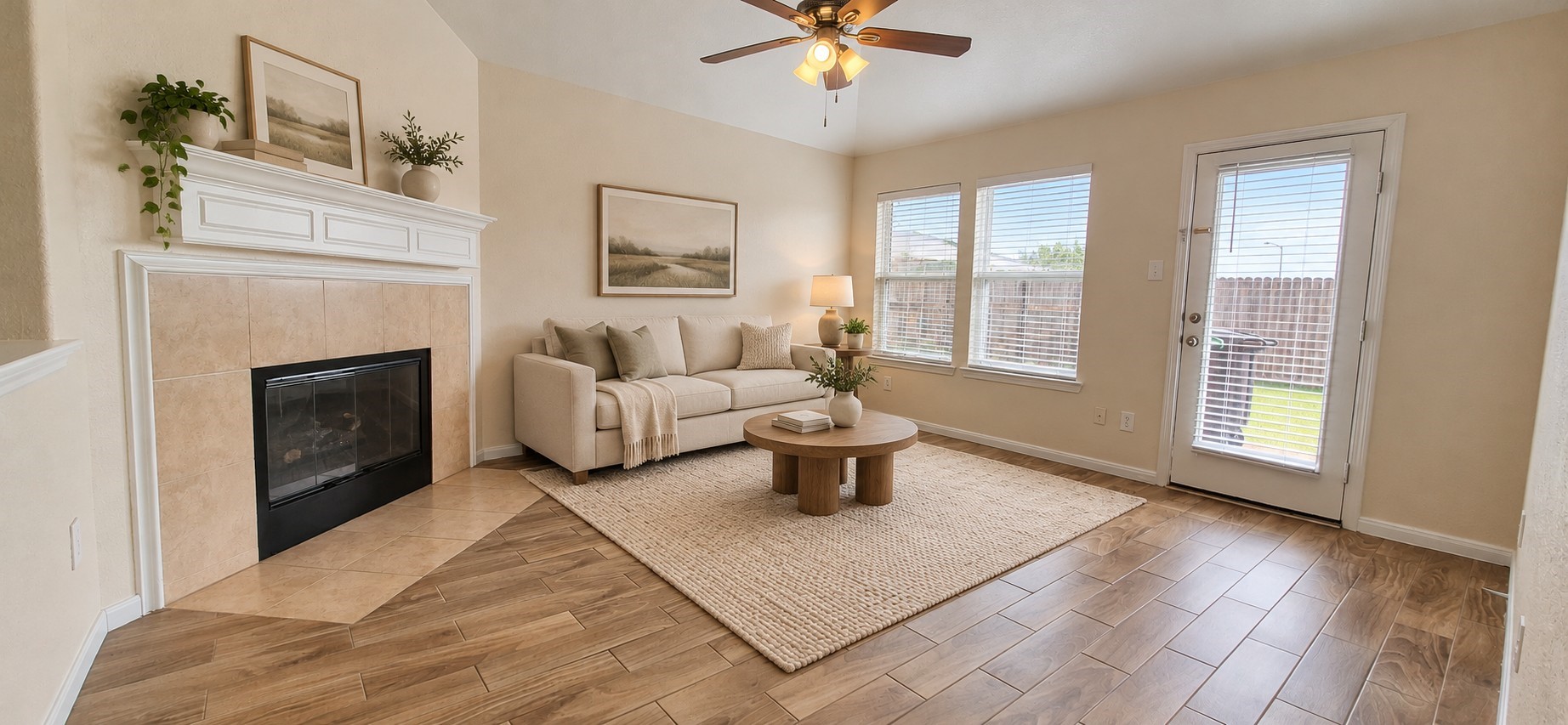 Sunlit living room with fireplace staging Sunlit living room with fireplace staging