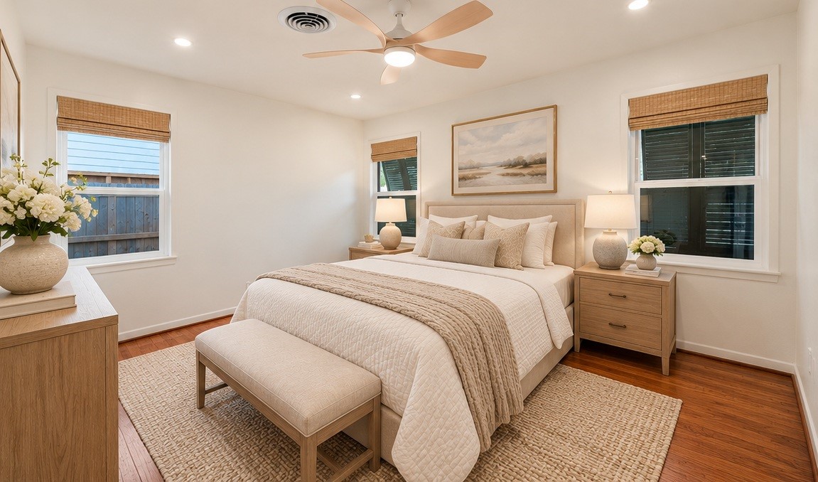 Elegant bedroom with warm wood floors, featuring a cozy bed adorned with neutral bedding and a stylish bench. Natural light streams through the windows, highlighting the tasteful decor and serene artwork. Virtually staged